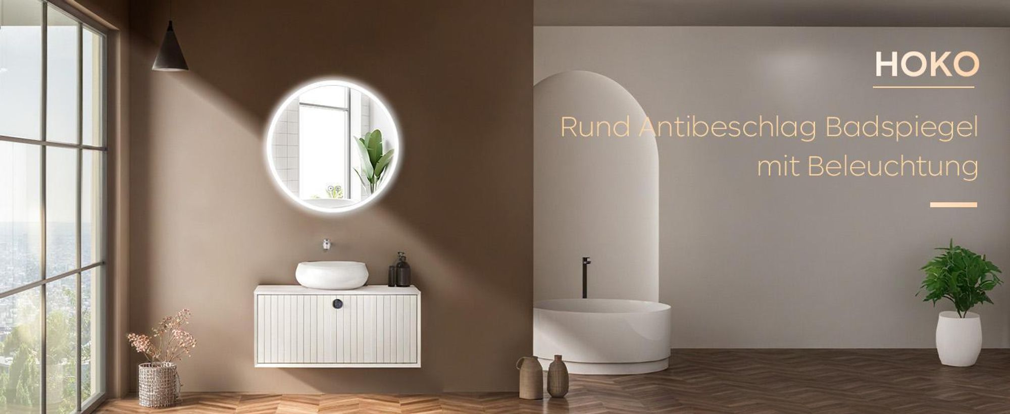 HOKO Badspiegel LED Antibeschlag Rund 60cm+LED Wechsel Warmweiß-Kaltweiß-Neutral 2700-6500K. Licht mit Touch Schalter/Wandschalter einschaltbar). Ulm