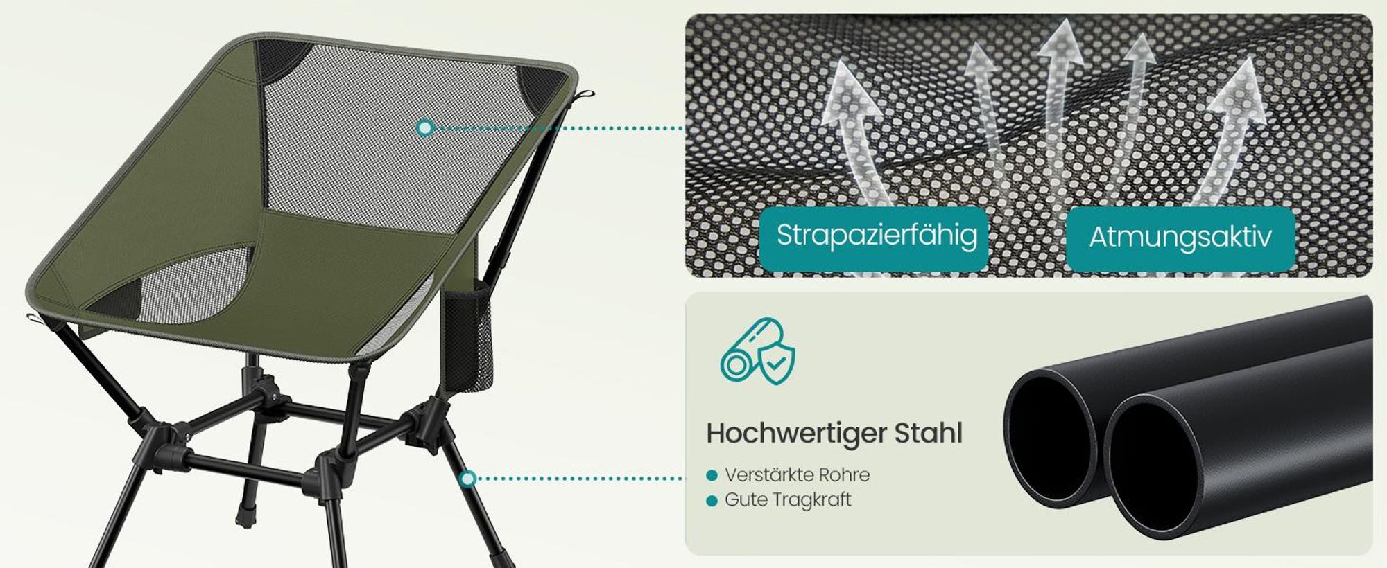 SONGMICS Campingstuhl höhenverstellbar, Klappstuhl mit Stahlrahmen, 2 Aufbewahrungstaschen, Outdoor, grün