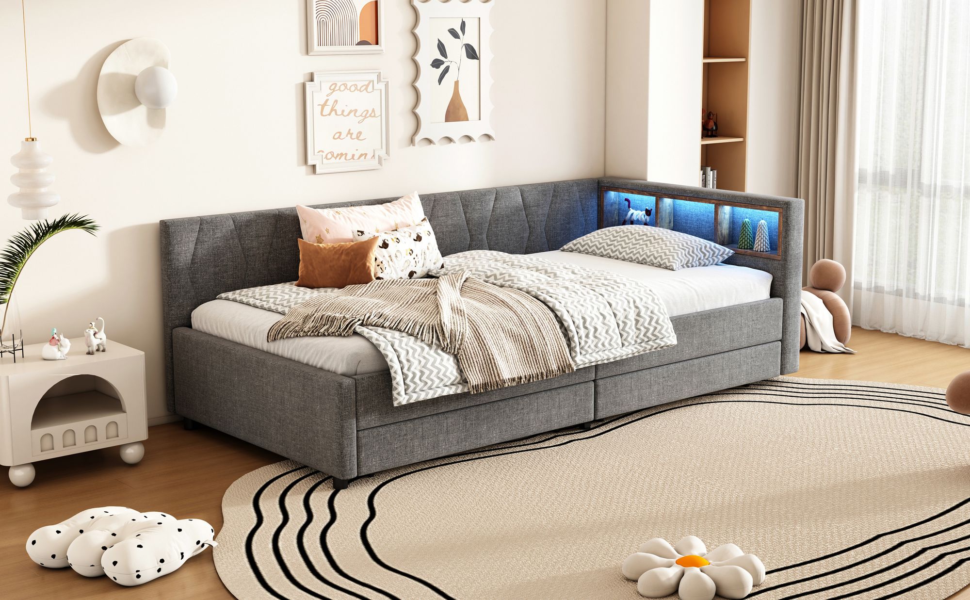 MODFU Schlafsofa Polsterbett 90x200 mit LED und USB&Typ C,Daybett Jugendbett mit zwei Schubladen und Lattenrost,Leinen, ohne Matrtze,Grau