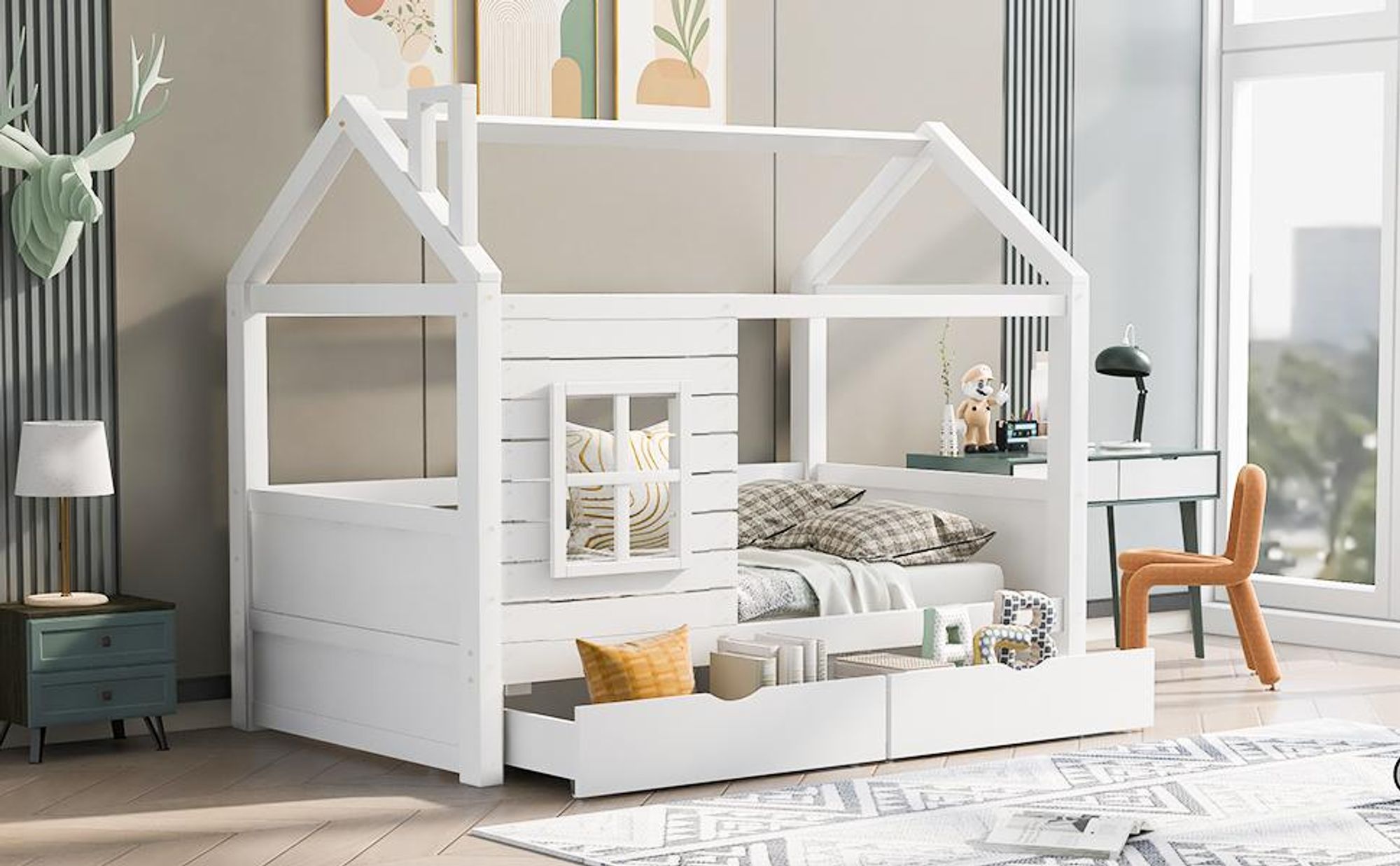 STILVORA Kinderbett 90x200 Jugendbett aus Massivholz,mit 2 Schublade&Fenster und Lattenrost,Hausbett mit Stauraum,mit Rausfallschutz,Weiß(Ohne Matratze)