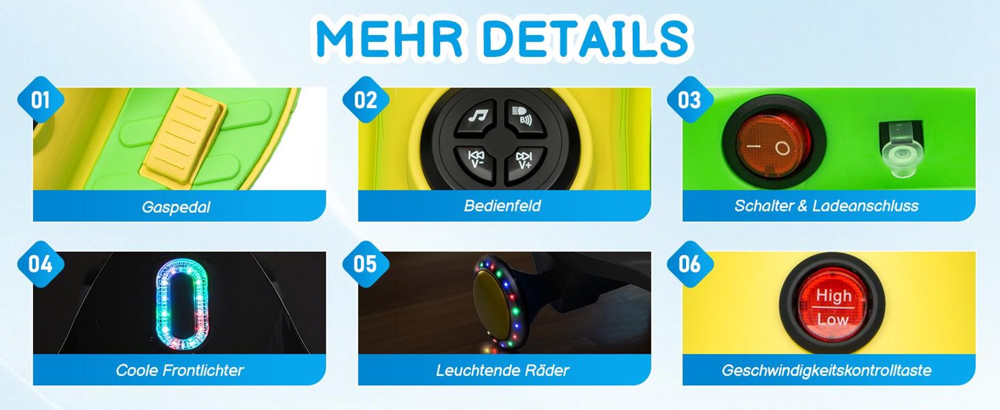 Kinder-Elektroauto 12V, Elektrisches Rutschauto mit Pedal, 2 Geschwindigkeiten und Kippschutz, Bluetooth, für Kinder ab 3 Jahren, Grün & Gelb