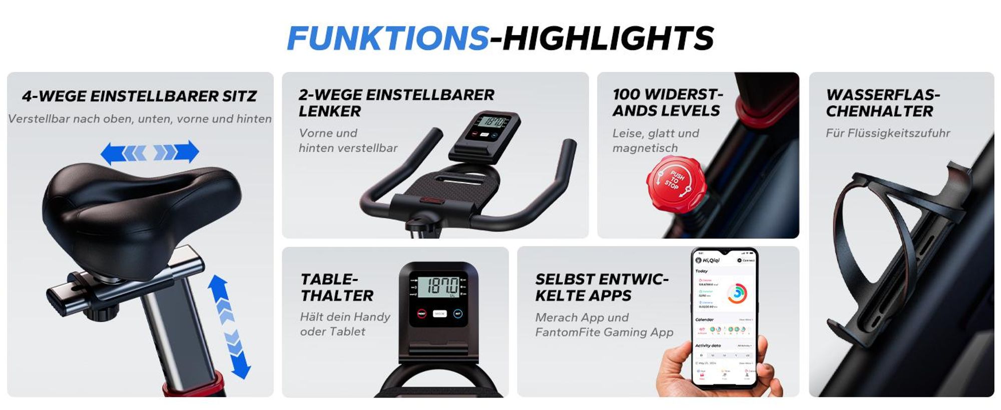 Leises Magnetischer Heimtrainer, Fitnessbike für Zuhause mit LCD, Tablet-Halter, 0–100 % Widerstand, kompatibel Kinomap/Zwift, verstellbar, bis 180 kg