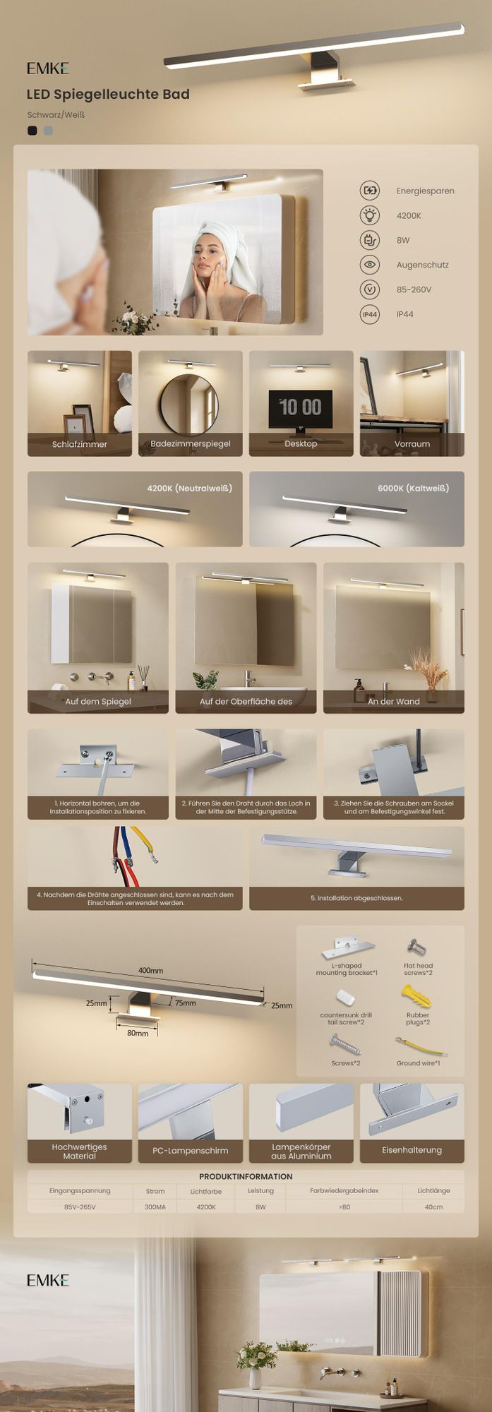 EMKE LED Spiegelleuchte 40 cm, Badlampe IP44, Chrom, Neutralweiß 4200 K, für Spiegel & Schrank