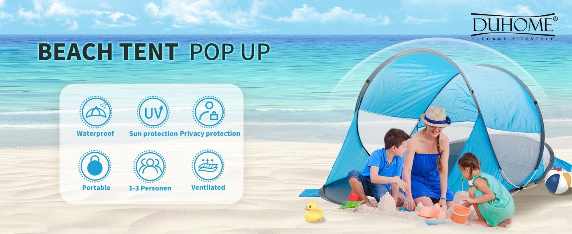 Duhome beach shell pop up beach tent počasí a ochrana soukromí hod stan přenosný UV40+ pavilon 3 osoby pro kempování piknik, světle modrý