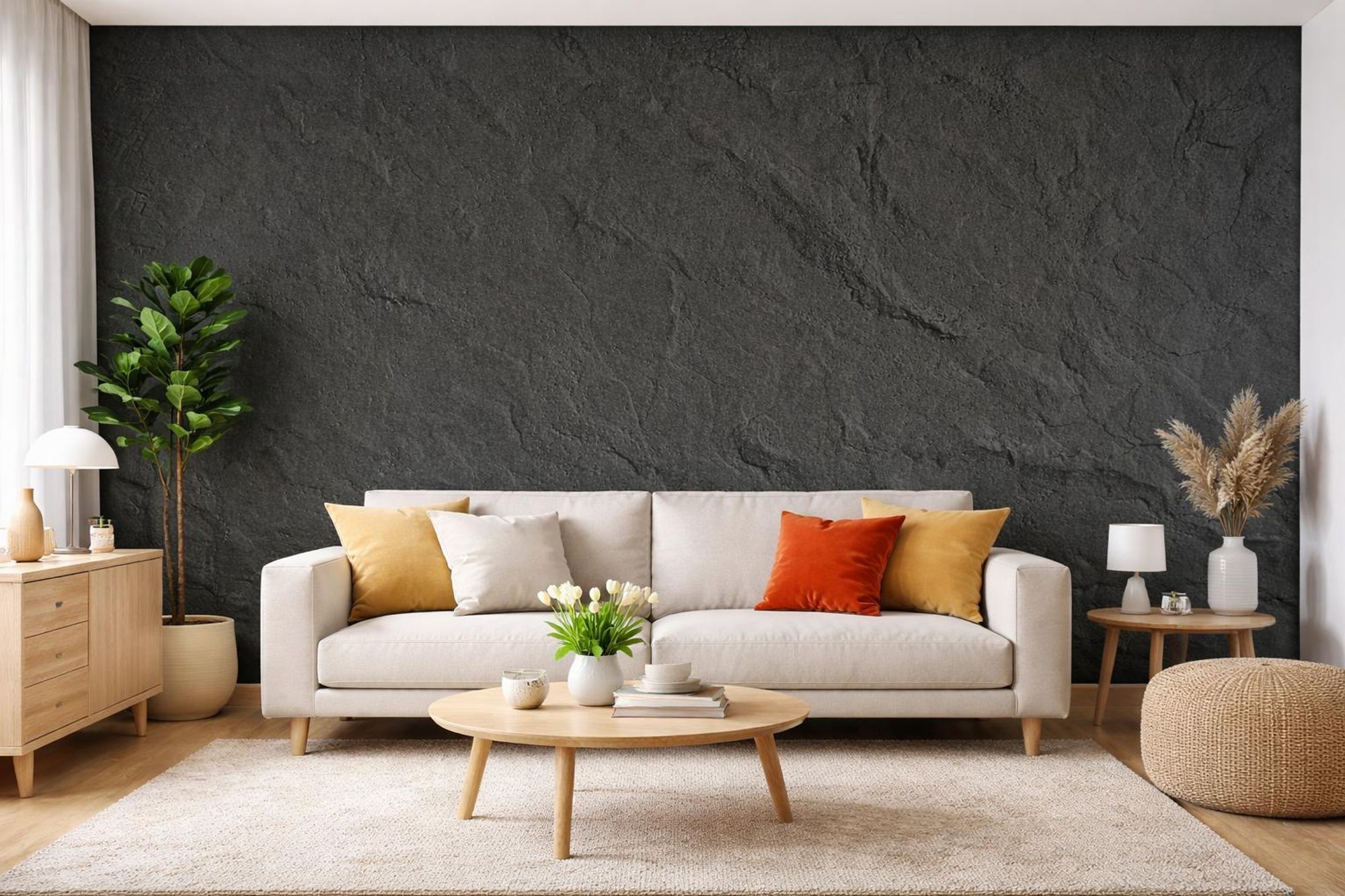Das Bild zeigt die Anordnung von schwarzen Wandpaneelen (50 x 100 cm) an der Wand im Wohnzimmer.