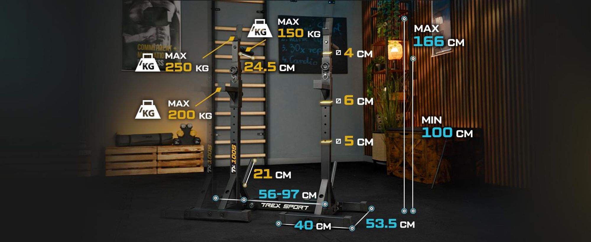TREX SPORT Hantelständer Squat Rack TX-100S | Langhantelständer mit 12-facher Höhen- & Breitenverstellung | Kniebeugenständer Hantelablage bis 250 kg