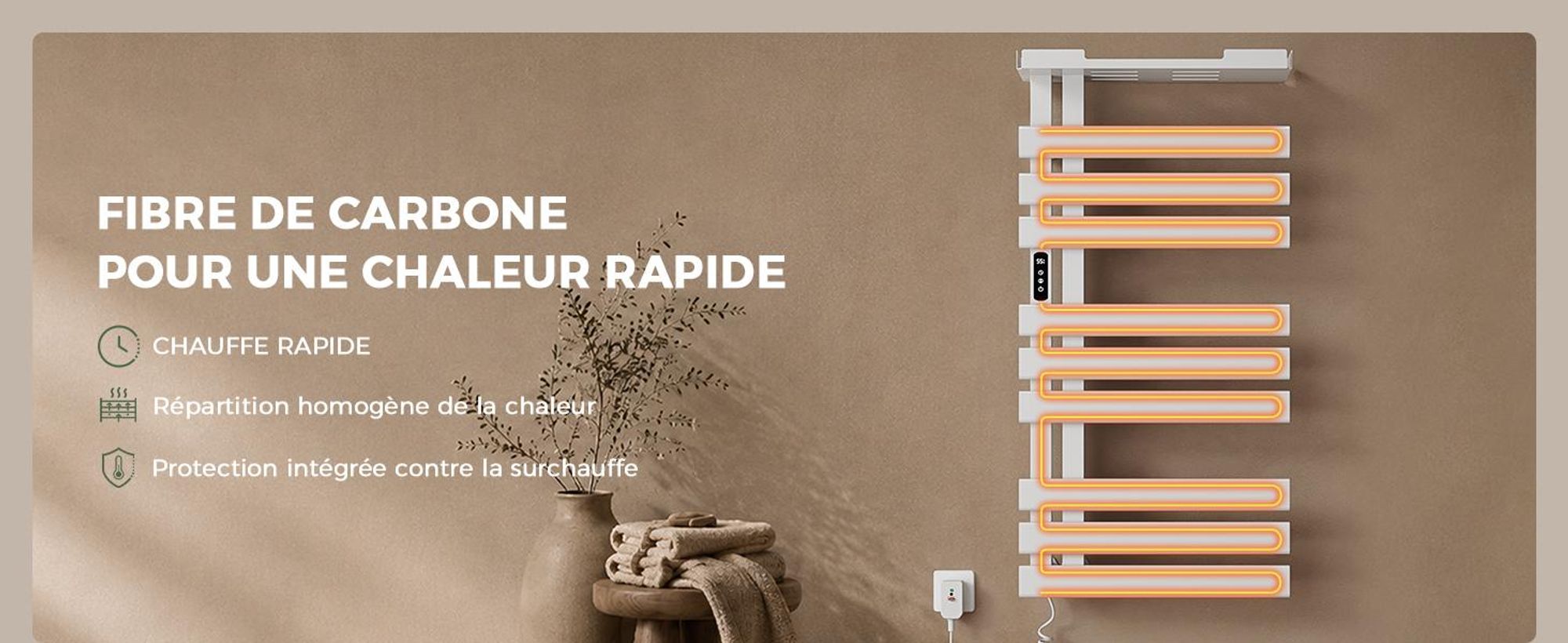 S'AFIELINA Sèche-serviettes électrique avec étagère 1050×500 mm 335 W Blanc,Radiateur sèche-serviettes connecté WiFi, chauffage en fibre de carbone