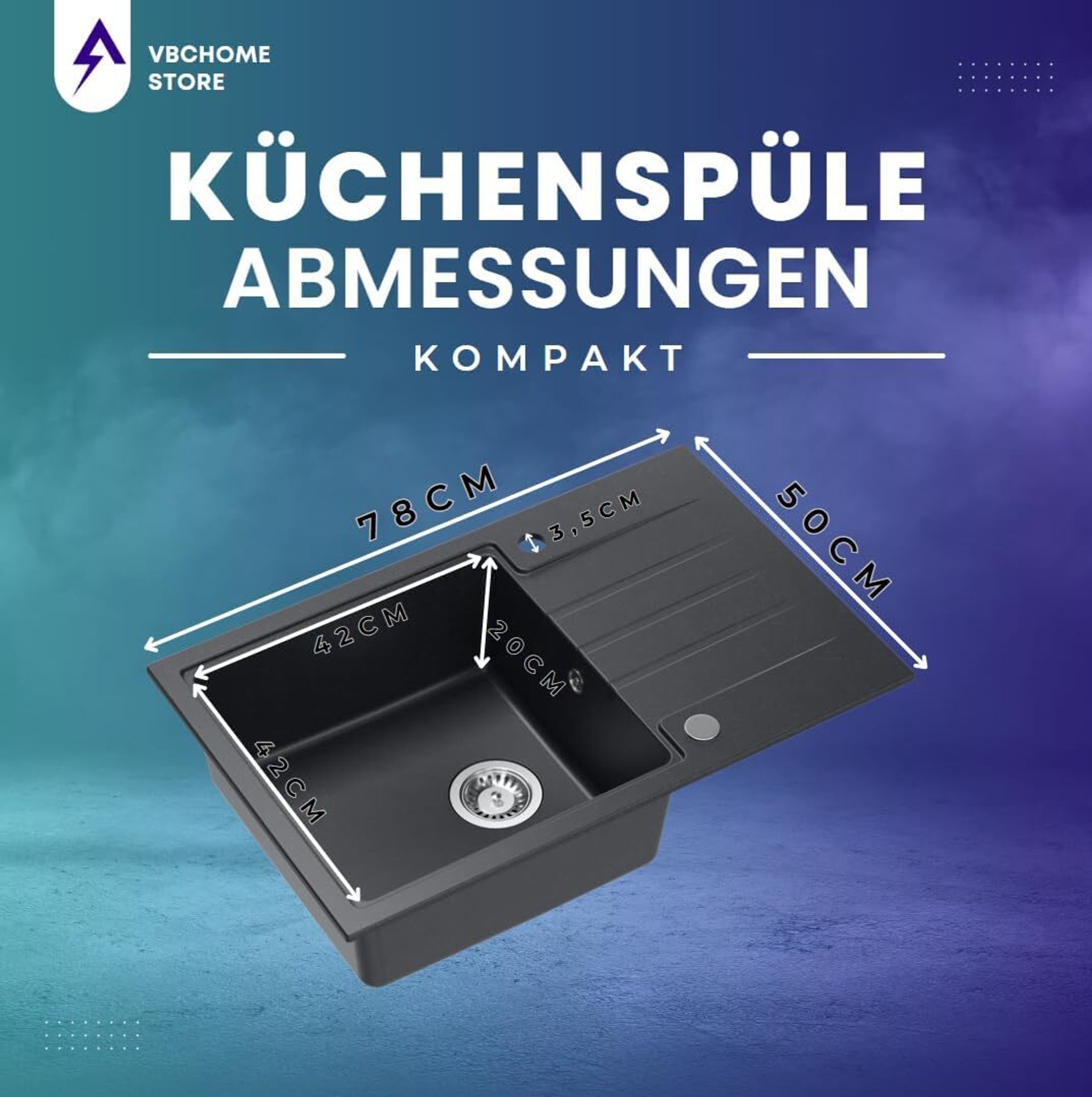 VBChome Spülbecken Granit Schwarz 78 x 50 cm Schwarze flexible Armatur Granitspülbecken Einzelbecken Einbauspüle Gesprenkelt Siphon