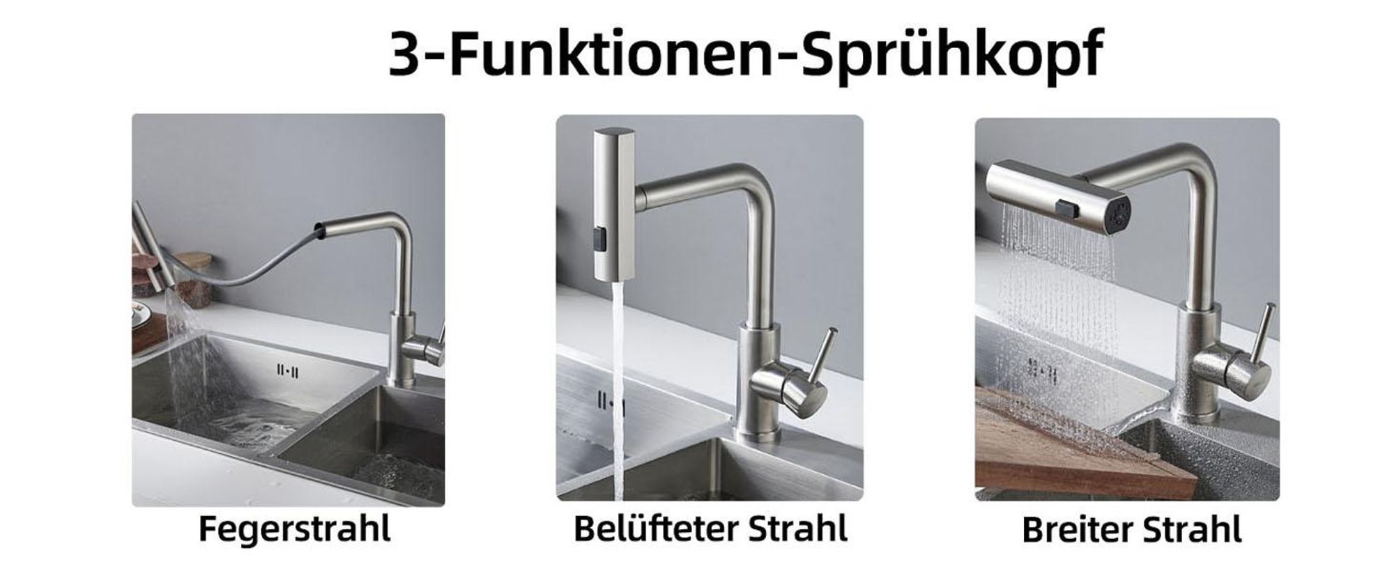 Küchenarmaturen, Spültischarmatur, Küchenarmatur, Wasserhahn Küche mit Herausziehbarer Brause, SUS304 Edelstahl, 3 Strahlarten, 360° Schwenkbarer