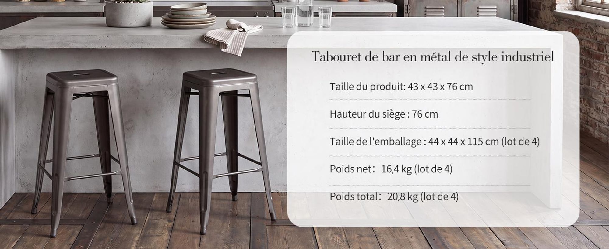 4 tabourets métalliques, couleur au choix, aspect vieilli, assise en bois, tabourets de bar empilables, couleur : brun mat/métallisé, matériau : métal