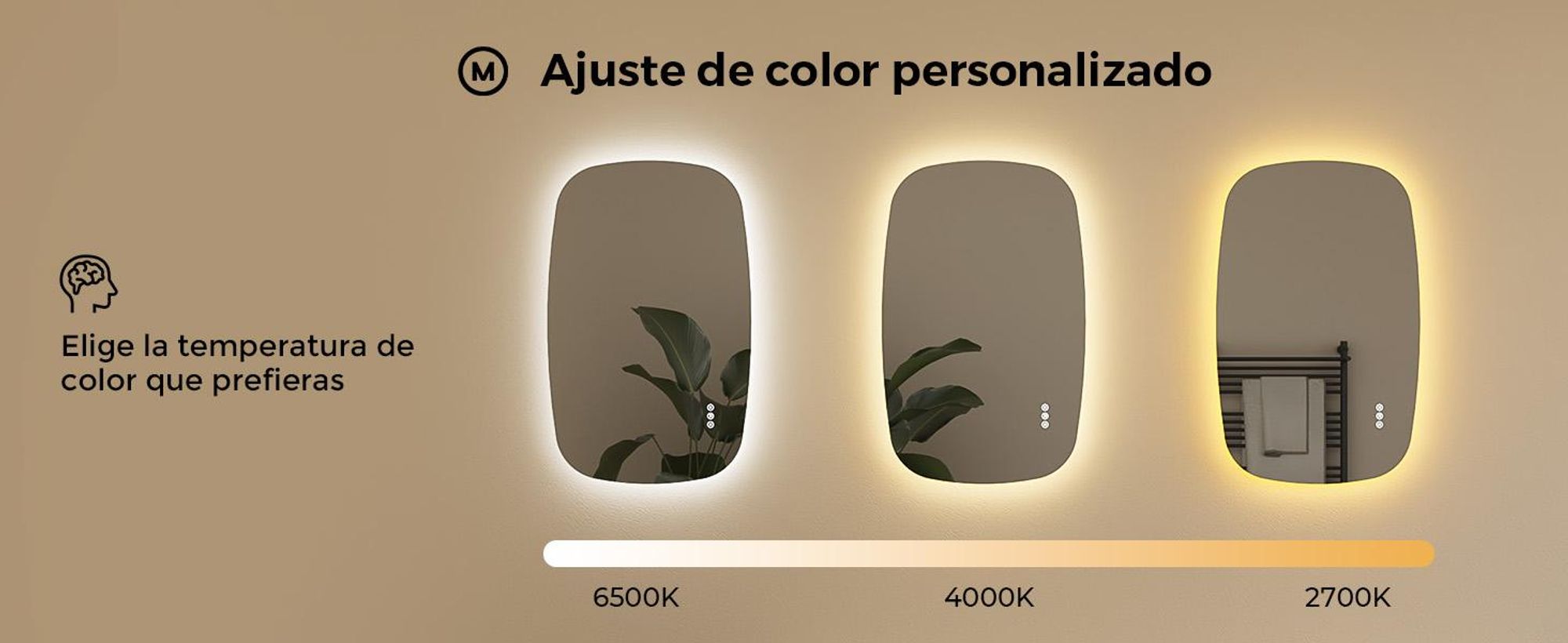 Espejo de baño S'AFIELINA, 80x50 cm. Espejo LED oval con interruptor táctil, regulable en intensidad, 3 colores de luz ajustables, antiniebla y con función de memoria