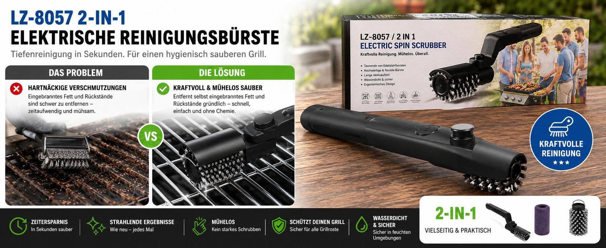 Elektrische rotierende Grillbürste mit verstellbarem Winkel, 2600 mAh Akku Grillbürste - BBQBRUSH
