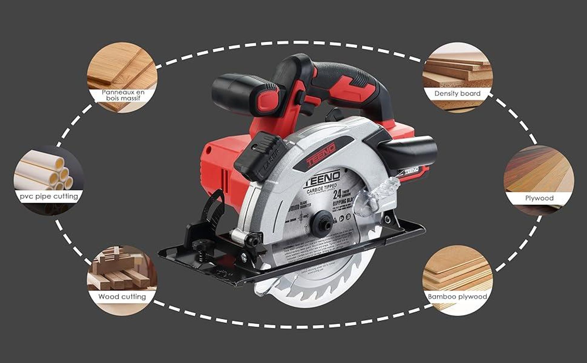 TEENO Scie circulaire laser sans fil 4000 RPM avec frein électrique, 2X2.0 AH batteries, 2X165mm lames, profondeur et angle de coupe réglables