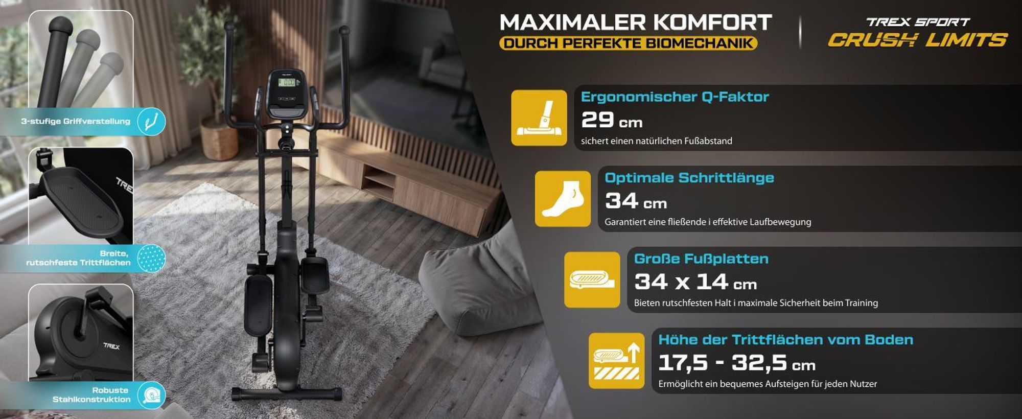 TREX SPORT Crosstrainer für zuhause TX-500CT SINER | Ellipsentrainer magnetisch bis 120kg, 16 Stufen Widerstand, verstellbare Griffe, 8kg Schwungmasse