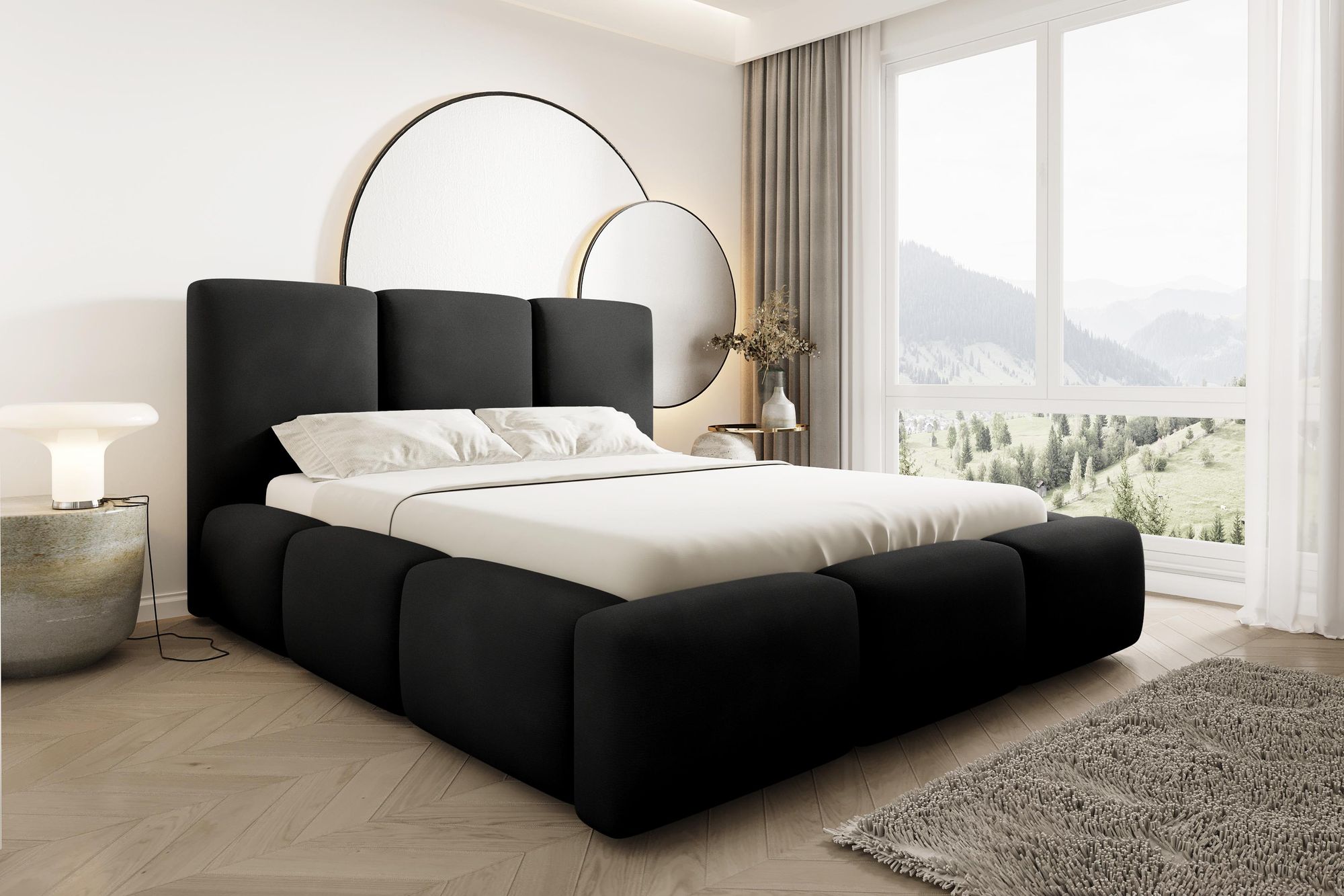 Polsterbett BUBBLE 200x200 cm Schwarz, Veloursbett Velluto 20, Bett mit Bettkasten, Metall-Lattenrost