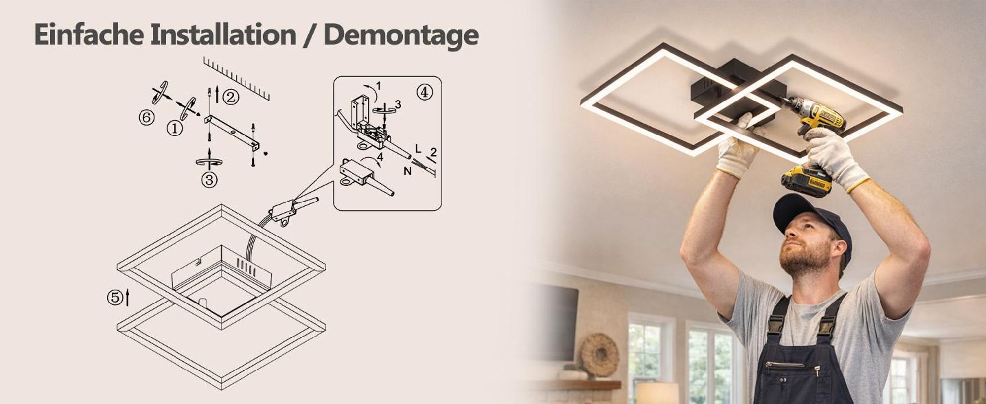 Plafonnier LED ZMH pour chambre à coucher, 24 W, noir ; lampe de salon, 4000 K, blanc neutre ; lampe de cuisine ; plafonnier rectangulaire ; plafonniers pour cuisine et couloir