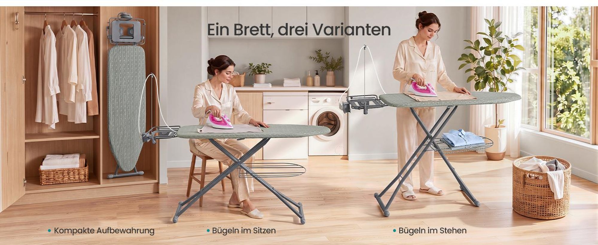 SONGMICS Bügelbrett mit Steckdose, für Dampfbügeleisen, Höhenverstellbar, Klappbar, 152 x 48 x 72-92 cm, Grau und Silber
