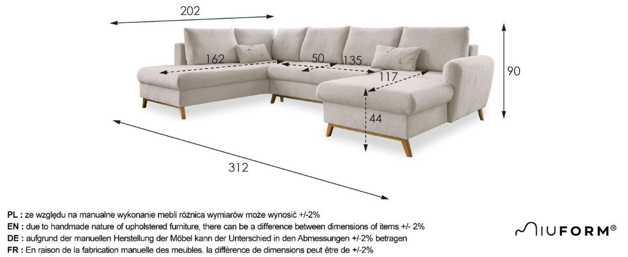 MIUFORM Scandic Lagom - Ecksofa mit Bettfunktion und Bettkasten U-FORM LINKS - 312x202 cm - Beige - Sofa Schlafsofa Couch