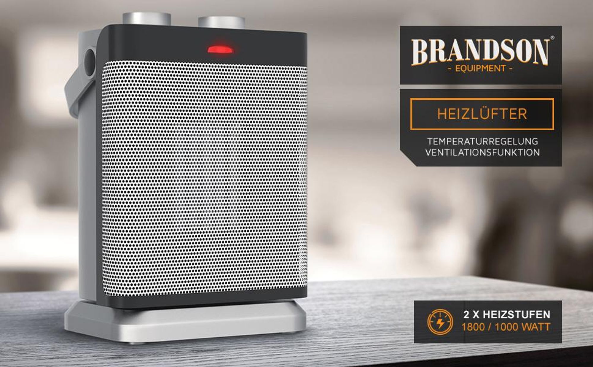 Brandson Heizlüfter, Keramikheizlüfter 1800W, 2 Leistungsstufen, Thermostat, Oszillation 80°, Überhitzungsschutz, Automatische Abschaltung, Umkippschutz, Silber/Schwarz