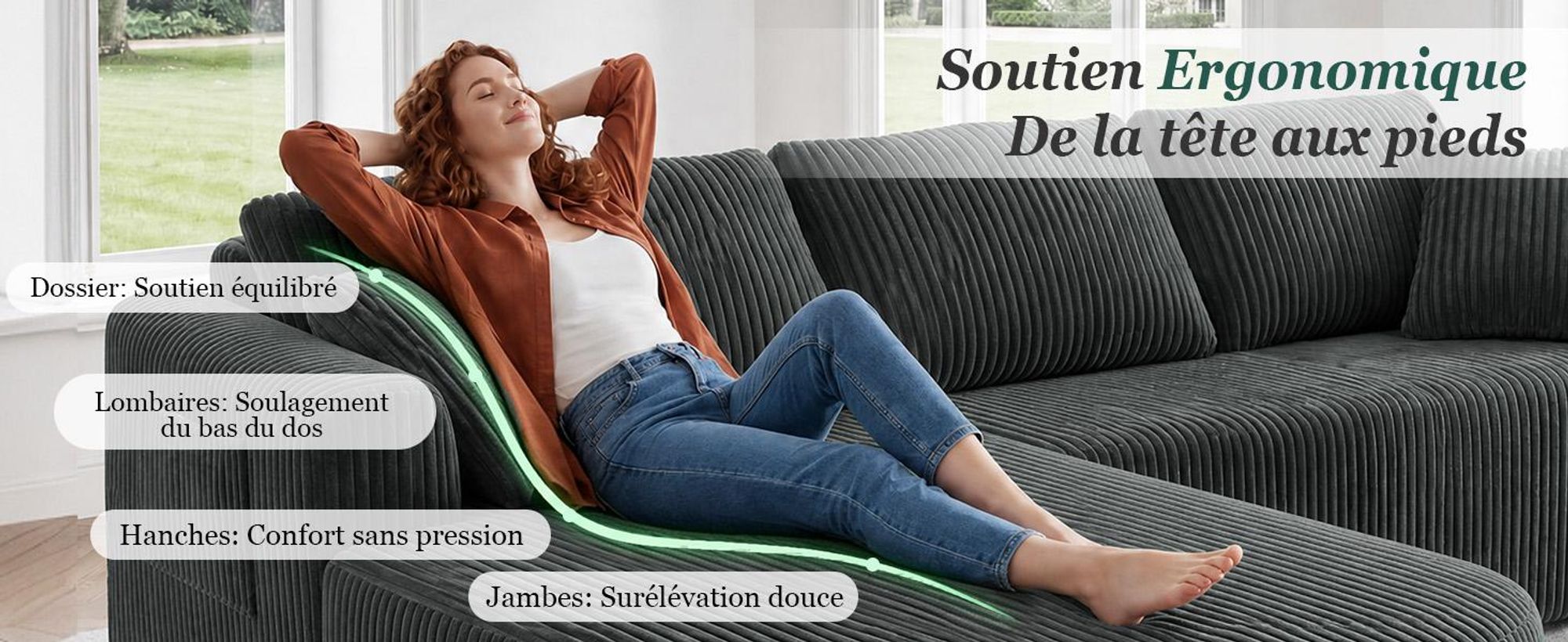 Canapé d'angle avec fonction convertible, canapé modulaire en velours sans structure visible, canapé avec chaise longue, canapé d'angle convertible, canapés modulaires avec coussins et poches latérales, 243 cm
