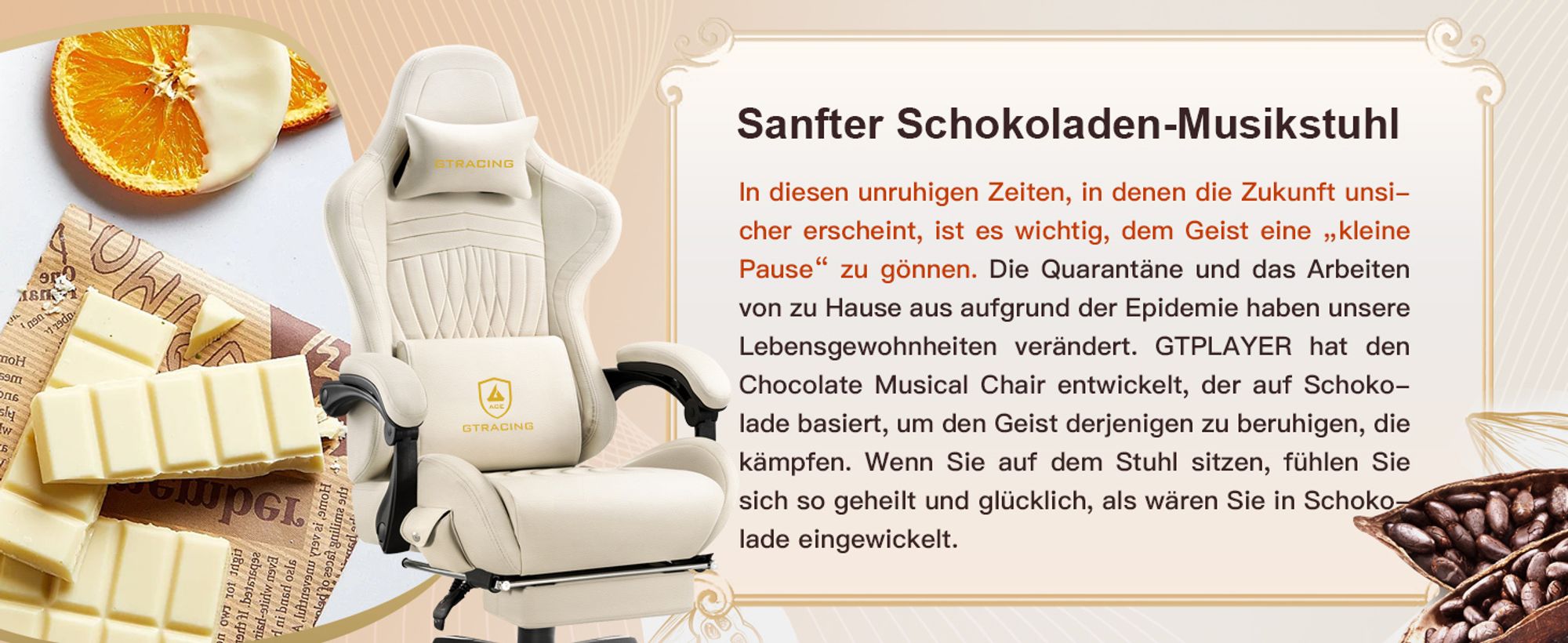 GTPLAYER Gaming-Stuhl ACE PRO, Ergonomischer Bürostuhl Neigbare Armlehnen Mit Fußstütze, Hi-Fi Lautsprecher, Beeindruckende Klang-atmosphäre, Ivory