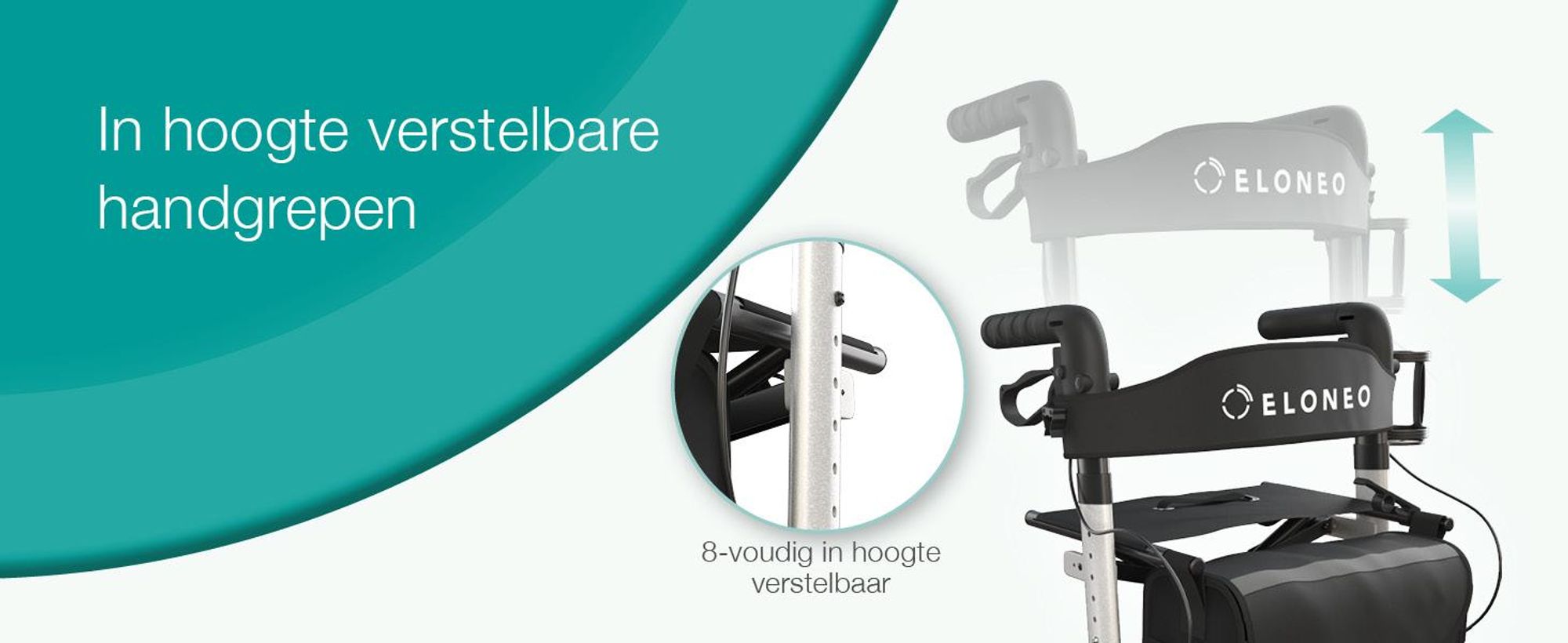 ELONEO inklapbare rollator met zitplaats, outdoor rollator met luchtbanden, inclusief zitvlak, rugsteun en verstelbare loopsteun van aluminium