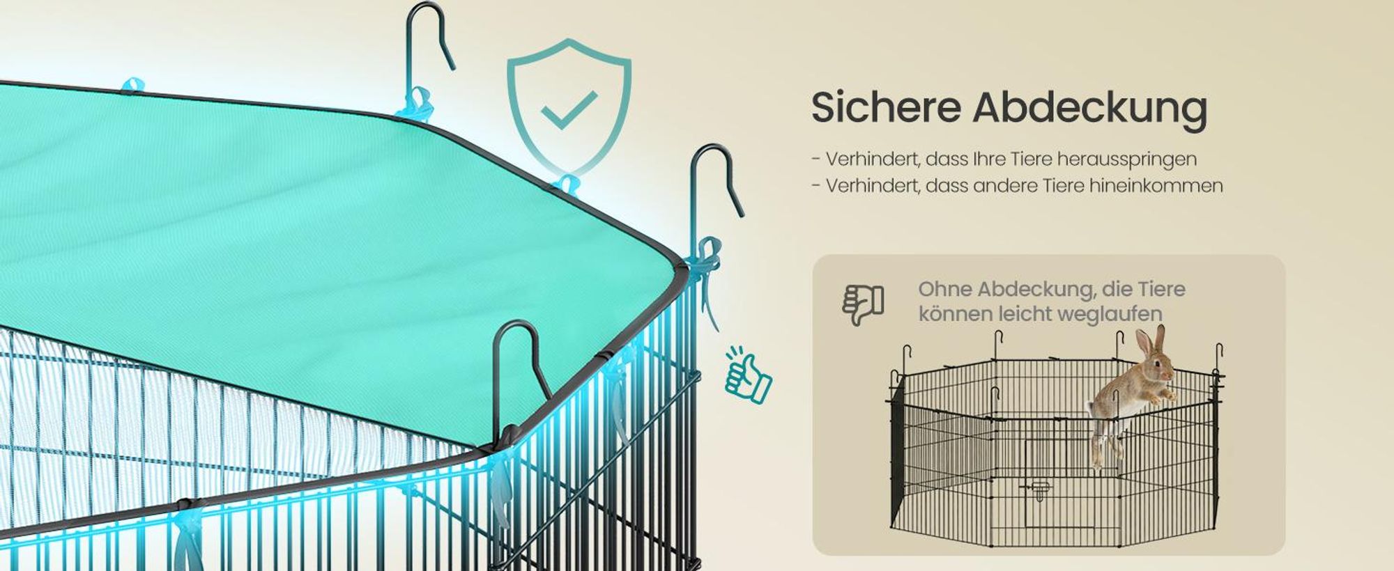 SONGMICS Kleintierlaufstall mit Abdeckung, 8 Gitterplatten, Freigehege, atmungsaktiv, Sonnenschutz, 138 x 138 x 60 cm, schwarz