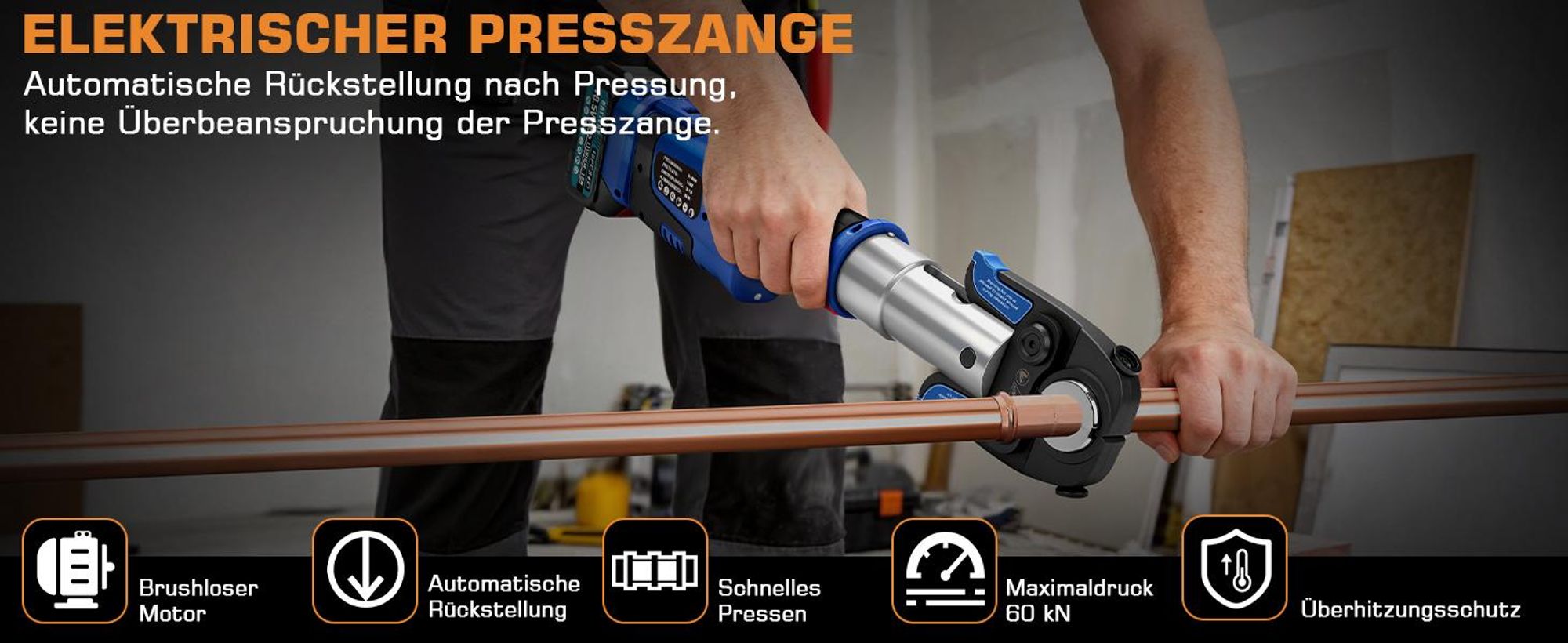 Profi Presszange Rohrpresszange TH & V-Kontur [TH16 TH20 TH26 TH32, V12 V15 V18 V22 V28] LCD-Display, 2x5.0Ah-Akku für Kupfer-/Edelstahl-/Verbundrohr