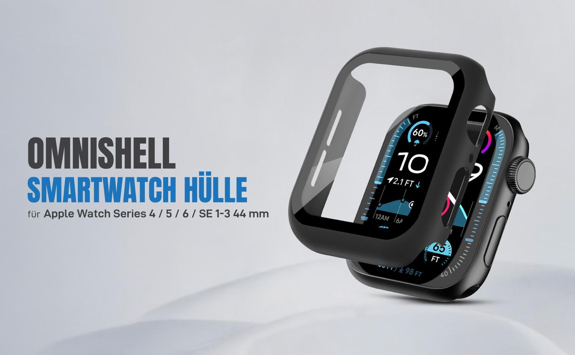 Schwarze 360 Grad Hülle für Apple Watch Series 4 /5 / 6 / SE 1-3 44 mm mit Displayschutz