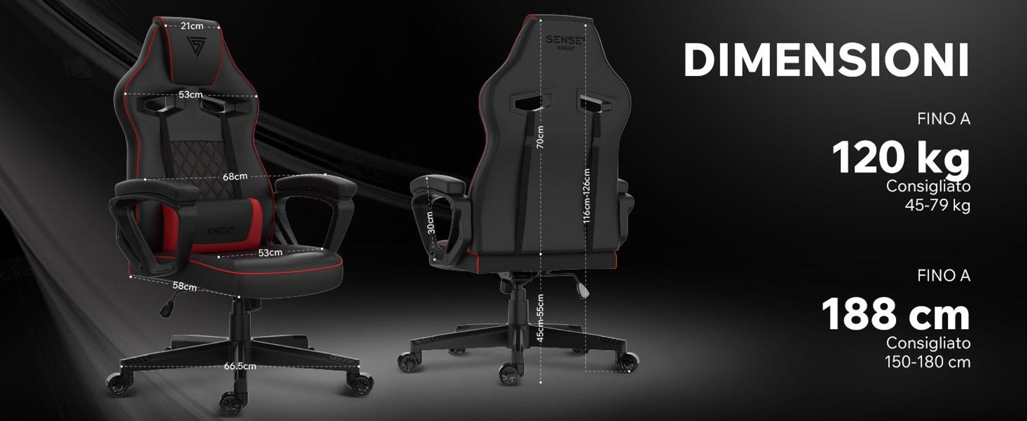 SENSE7 Knight Sedia da gioco in Pelle finta nera e rossa - Sedia da ufficio ergonomica Sedia da scrivania per PC Sedia da gaming Funzione oscillante Gamer 120 kg