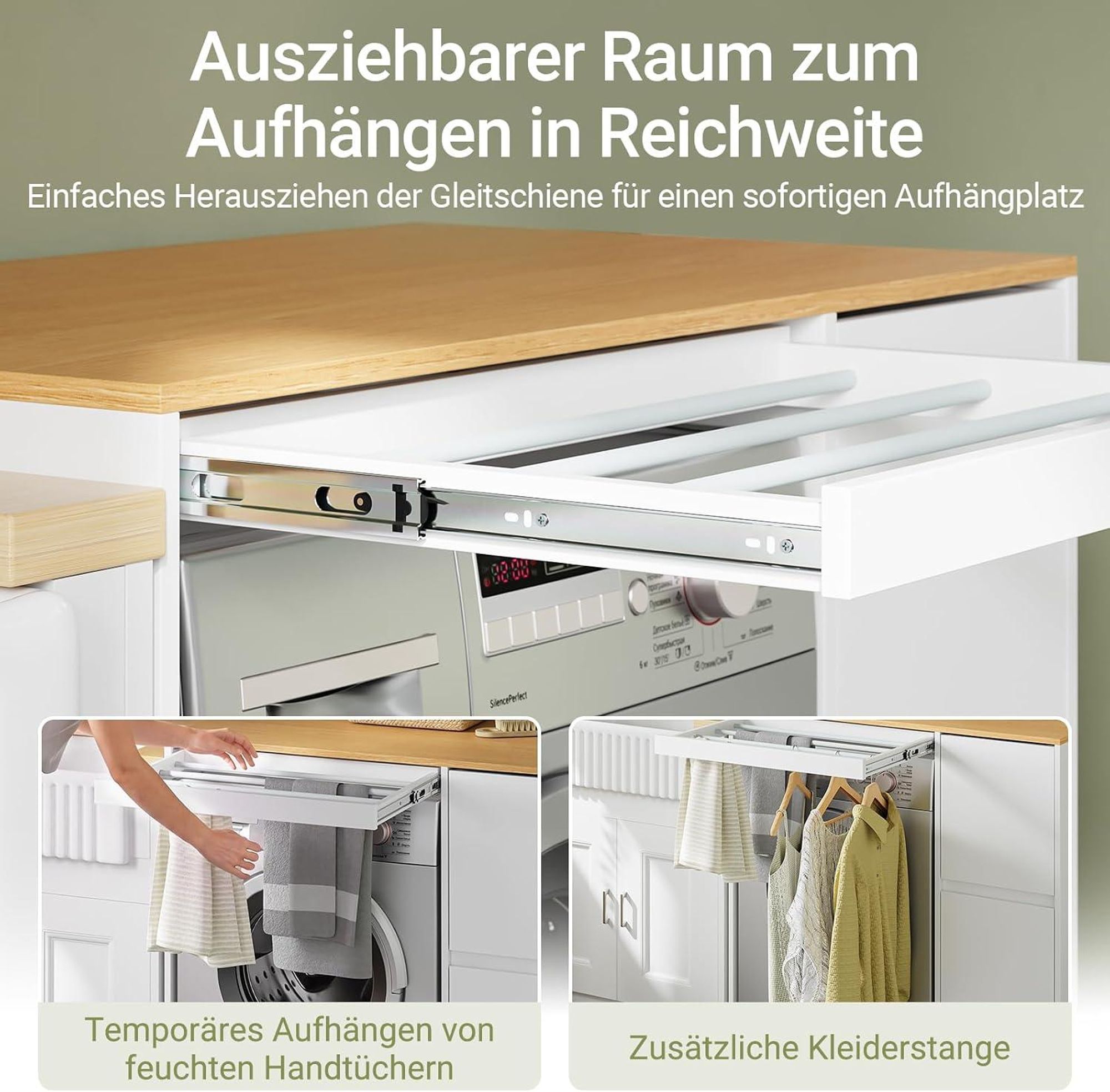 SoBuy Waschmaschinenunterschrank mit ausziehbarem Wäschetrockner und Schubladen, weiß, modern, 100x60x95 cm Holzplatte BZR223-WN