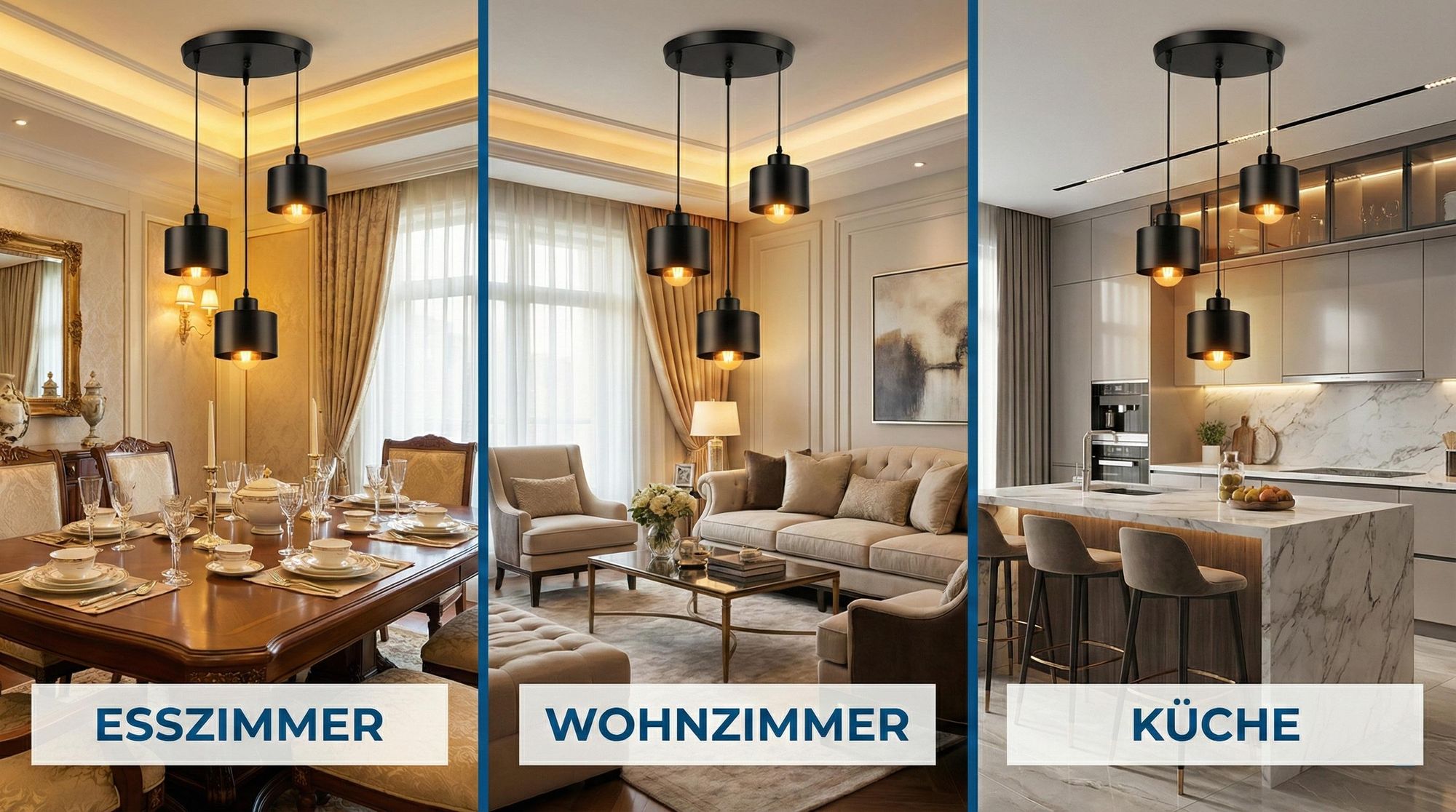 Pendelleuchte 3-flammig Schwarz E27 Metall – Moderne Hängelampe Rund für Esszimmer & Küche, Industrial Design, Höhenverstellbar