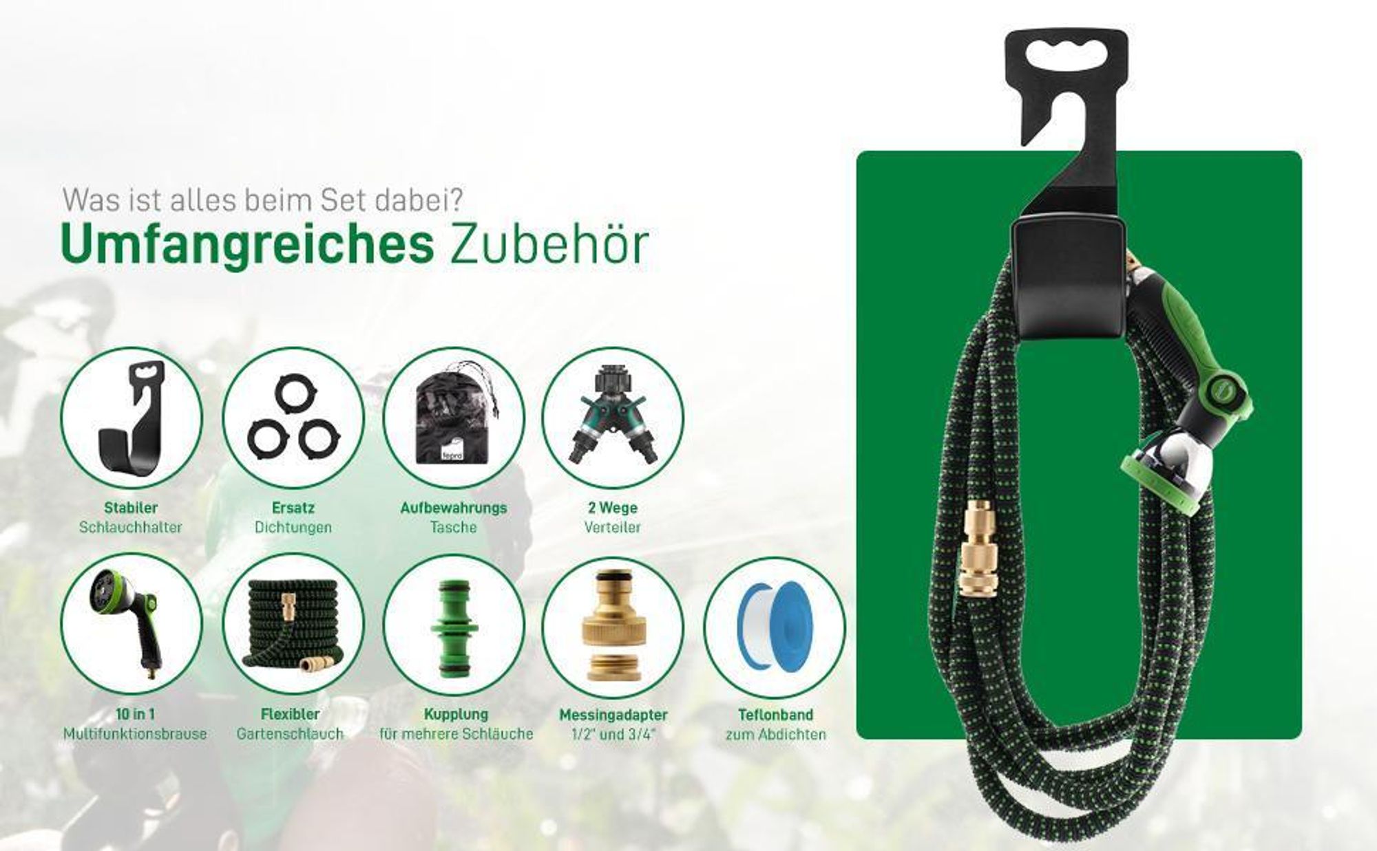 Fepro® Flexibler Gartenschlauch mit 10 Funktion 30m Premium, Wasserschlauch flexibel mit 3-Fach Latexkern inkl. Vollmessing Adapter für 1/2' 3/4' Zoll, Tasche, 2-Wege Ventil und Wandhalterung