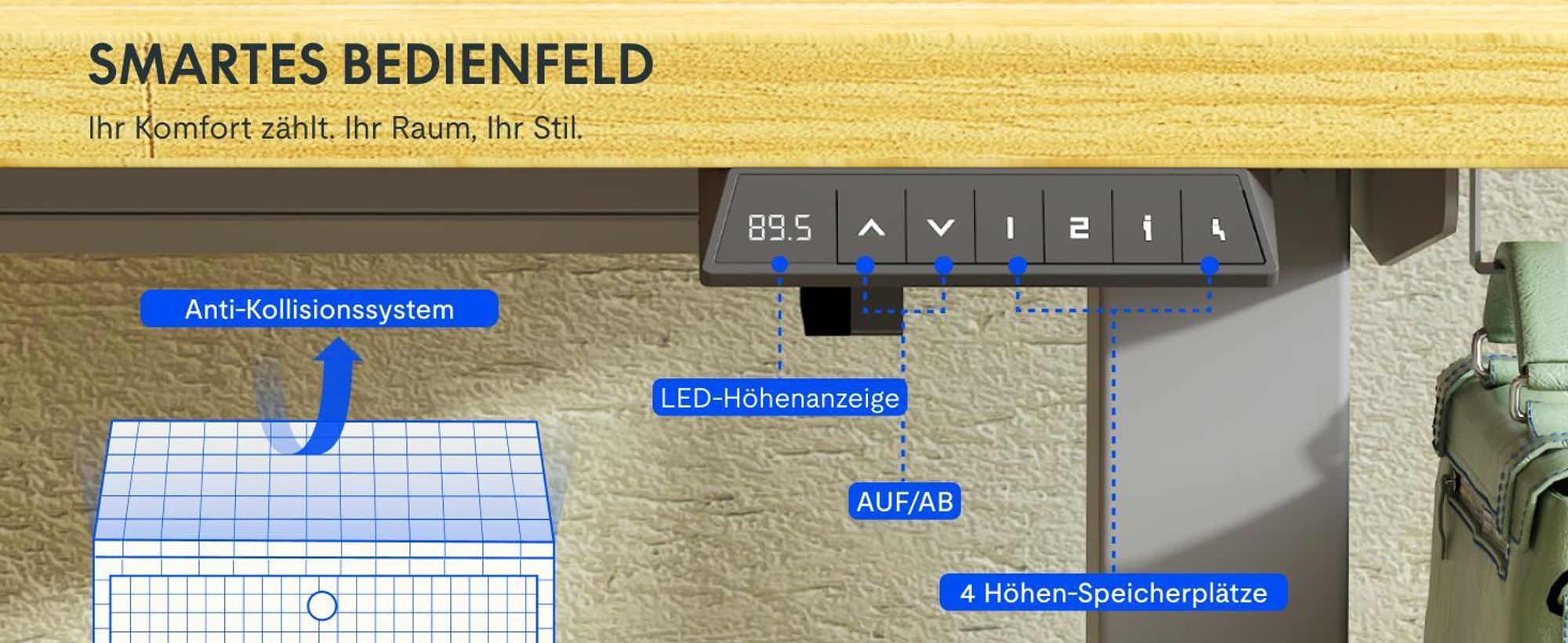 FLEXISPOT EN1 Höhenverstellbarer Schreibtisch 140x80cm, 100 kg Tragkraft, mit Anti-Kollisionsschutz, Einteilige Tischplatte, 4 Memory-Funktion(Ahorn)