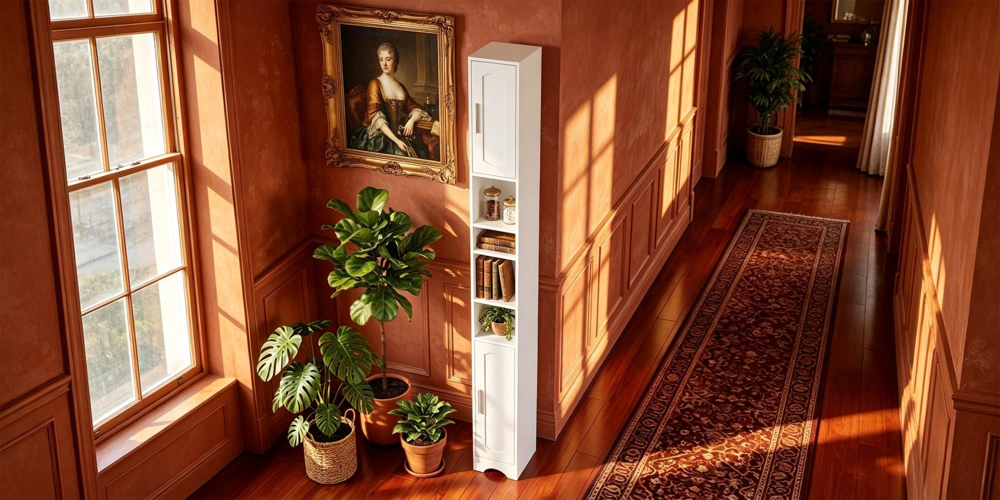 Badezimmerschrank Hochschrank Badschrank Schmal Hoch | Badschrank mit Offenen Fach und Tür, Verstellbaren Ablagen, Platzsparender Badregal, Badmöbel