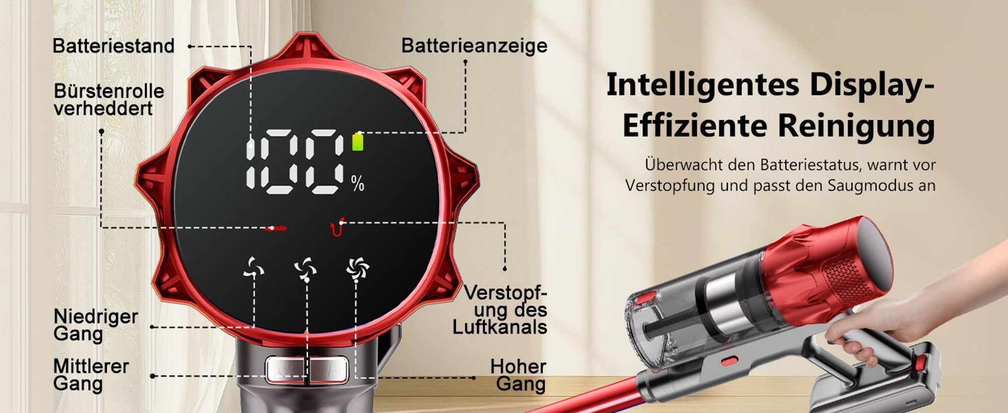 Hiazurm Akku Staubsauger, 85000Pa Staubsauger kabellos mit Touchscreen, HEPAx4, 80Min, Schlauchbürste, Staubsauger, 2L, Anti-Tangle-Staubsauger