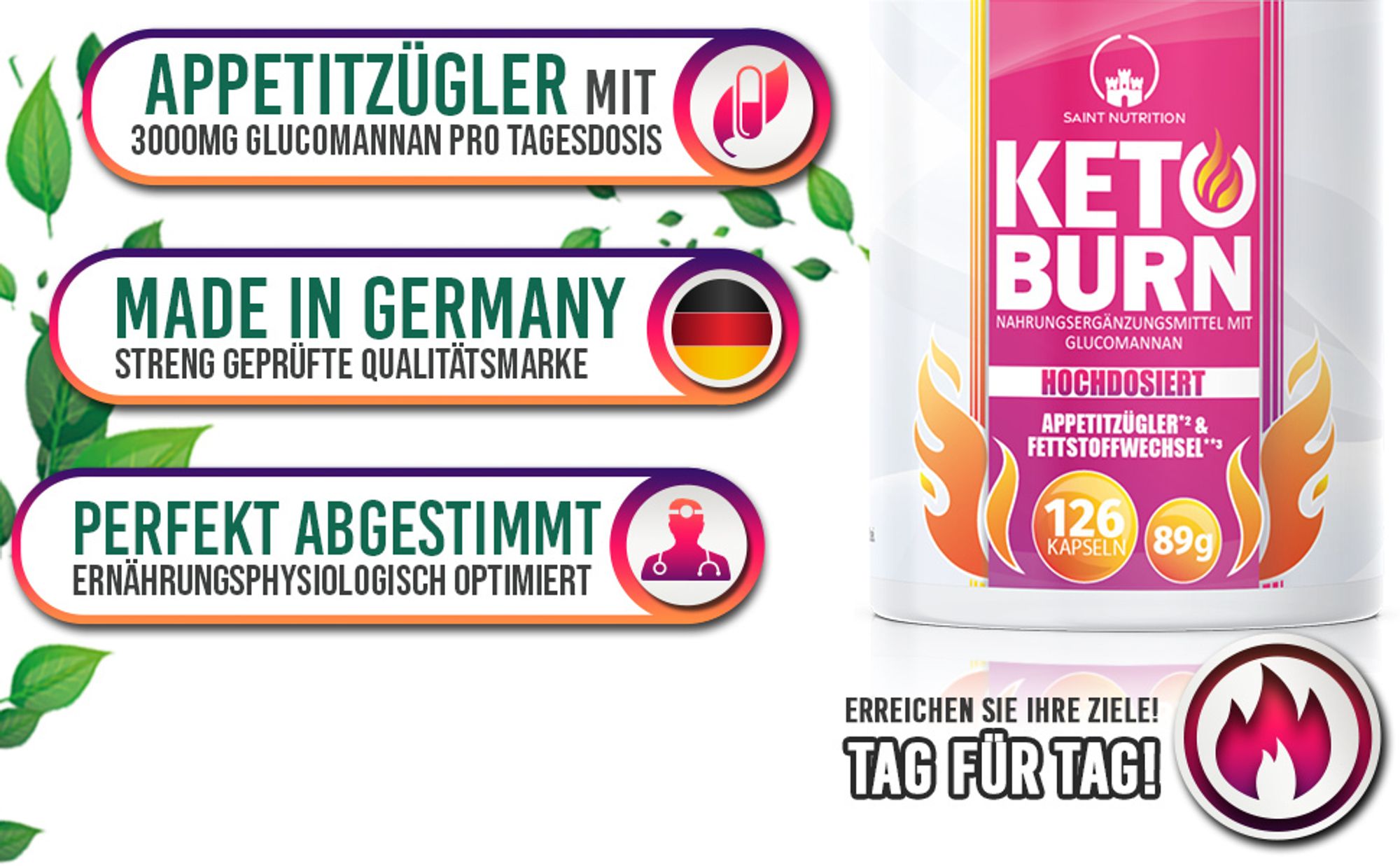 Saint Nutrition® Keto Burn – dein Body Workout – Stoffwechsel aktivieren – Energieniveau erhöhen – für Männer & Frauen