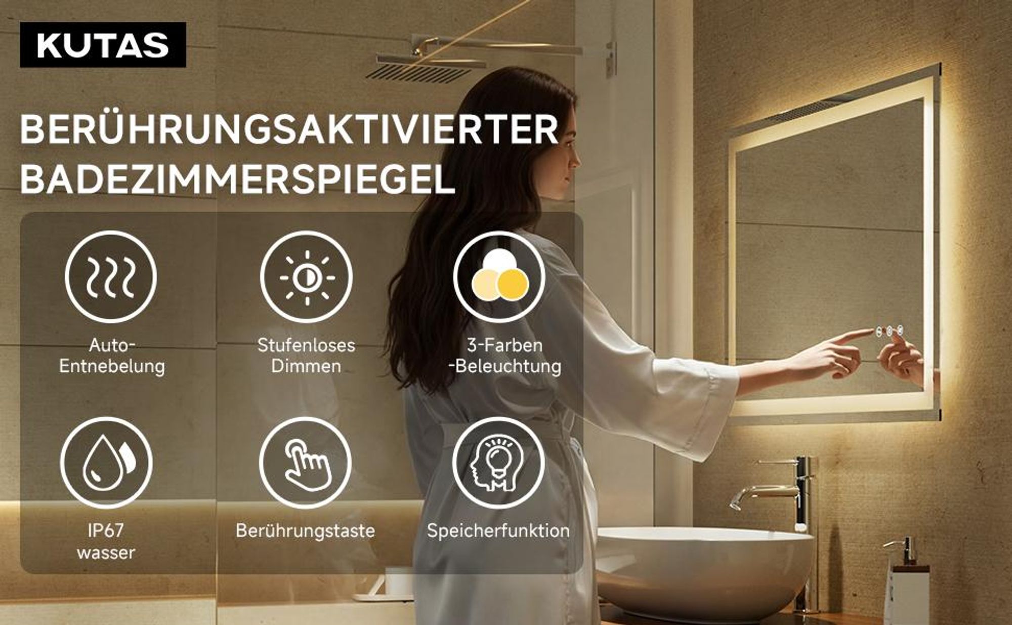LED Badezimmerspiegel 100x60cm Rechteckig,3 Lichtfarben Badspiegel mit Touch und Anti Beschlag, Dimmbar Badezimmer Spiegel, energiesparend Wandspiegel