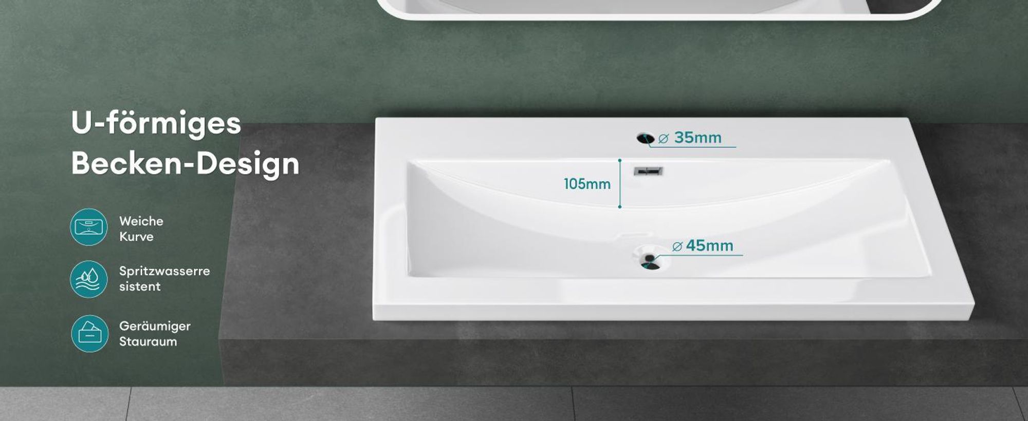 Mai & Mai Einbau-Waschbecken Waschschale Waschtisch Mineralguss Weiß Rechteckig 1 Armaturenloch Überlauf-Funktion Breite: 76,5cm Col01