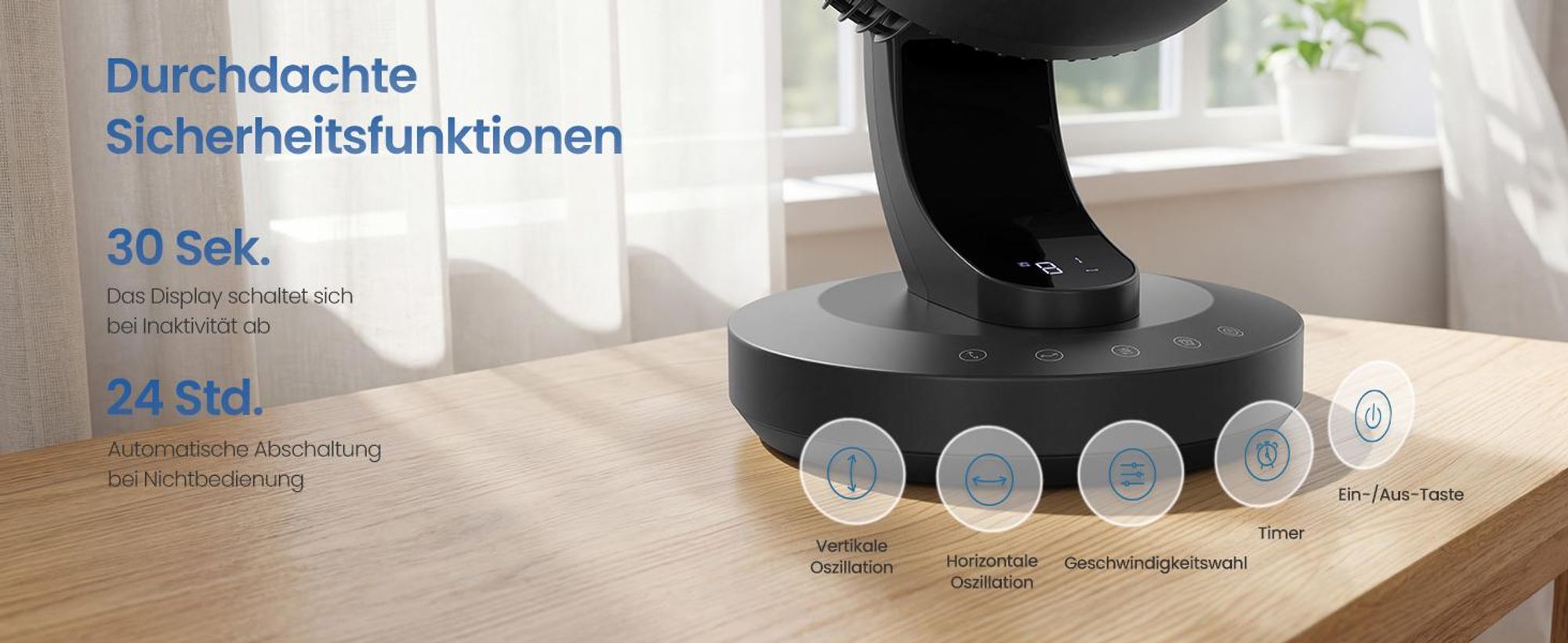 SONGMICS Tischventilator mit LED-Display, leiser Ventilator 20 dB, 8 Stufen, Fernbedienung, Oszillation, Timer, schwarz