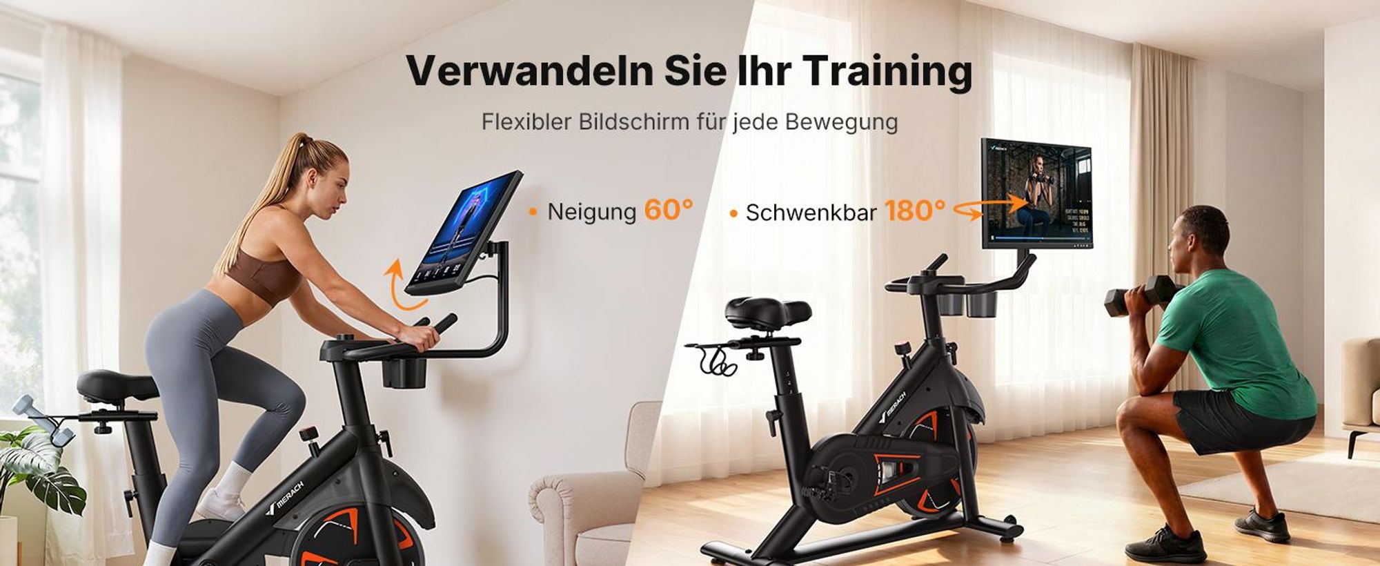 MERACH Heimtrainer mit 21,5-Zoll-HD-Bildschirm, 16 automatischer Magnetwiderstand, dreh- und neigbarem Display, App-Kompatibilität, bis 150 kg
