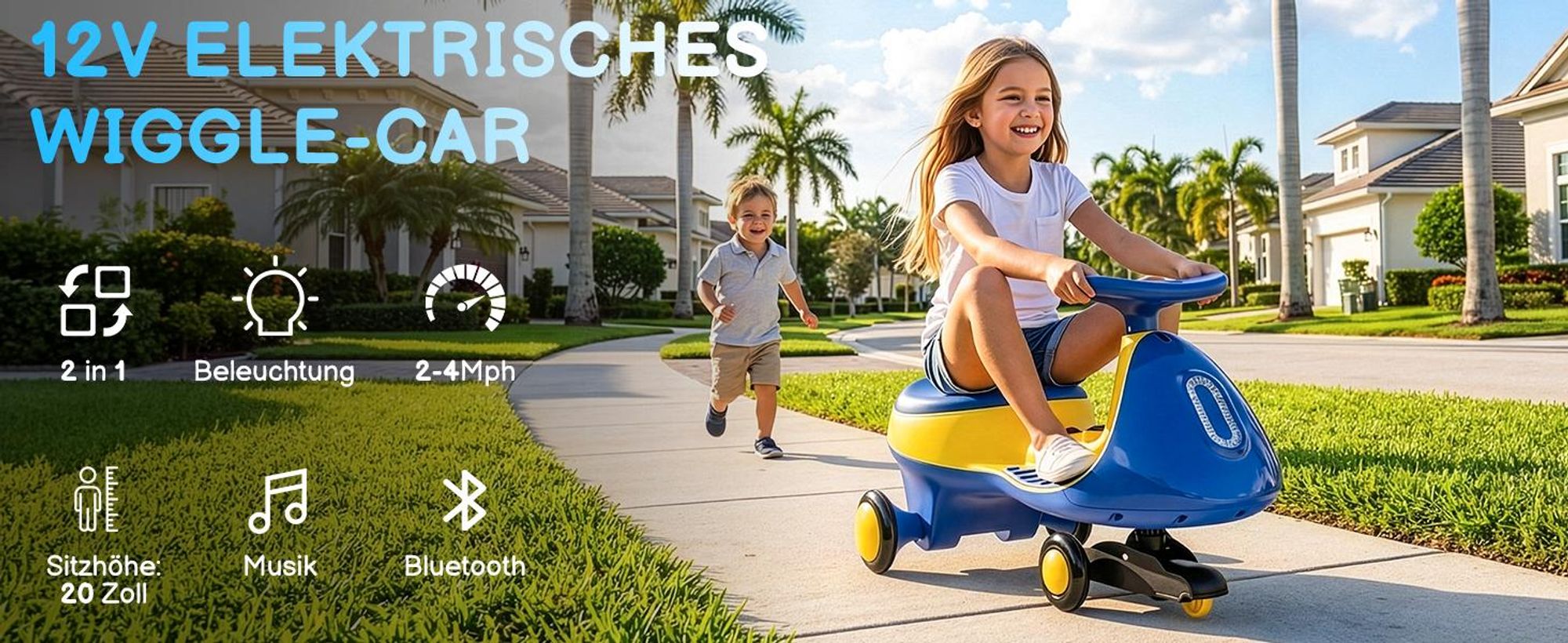 Kinder-Elektroauto 12V, Elektrisches Rutschauto mit Pedal, 2 Geschwindigkeiten und Kippschutz, Bluetooth, für Kinder ab 3 Jahren, Blau & Gelb