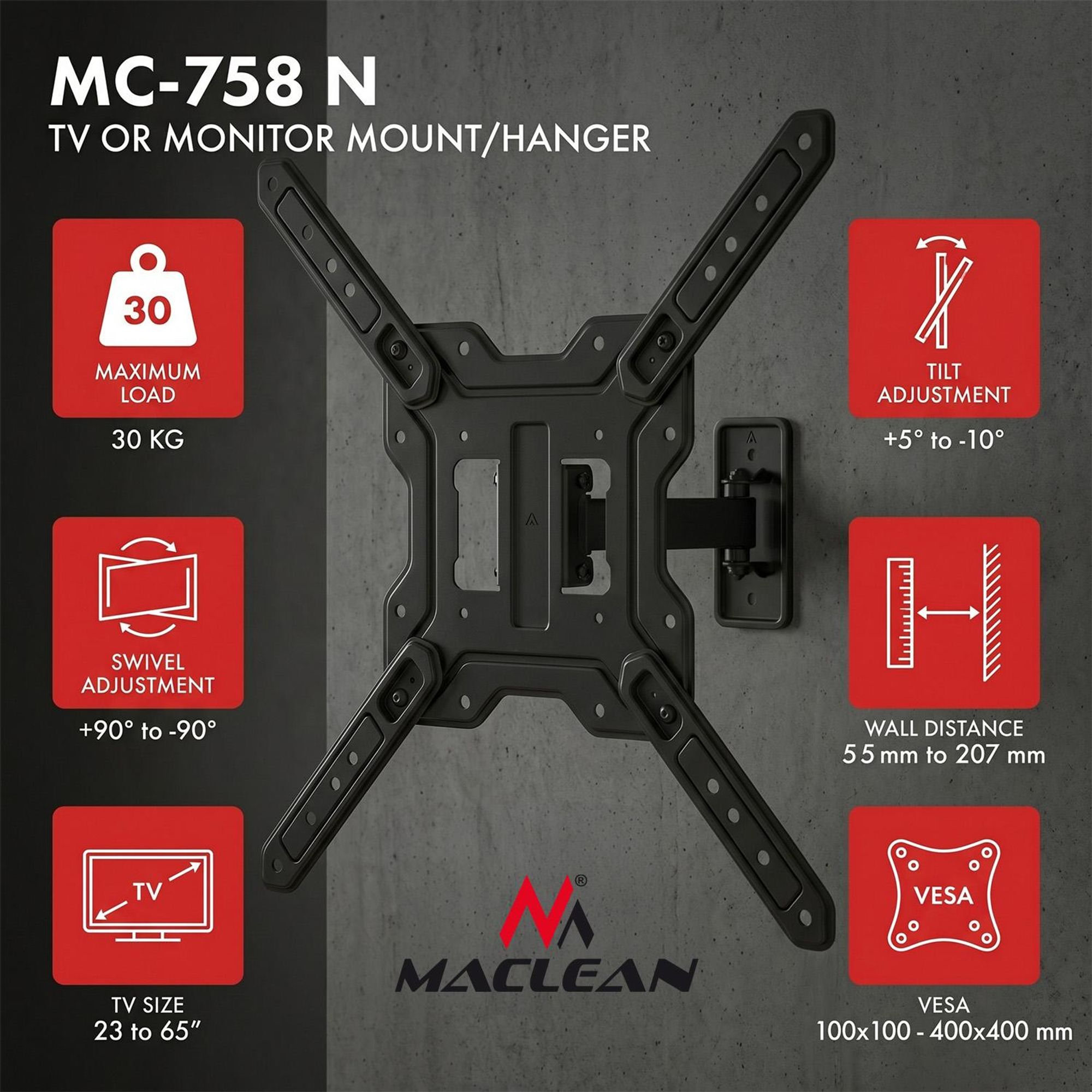 Halterung / Aufhängung für Fernseher oder Monitor von Maclean max. 23–65" max. Tragkraft 30 kg universell einsetzbar max. VESA 400×400 MC-758 N