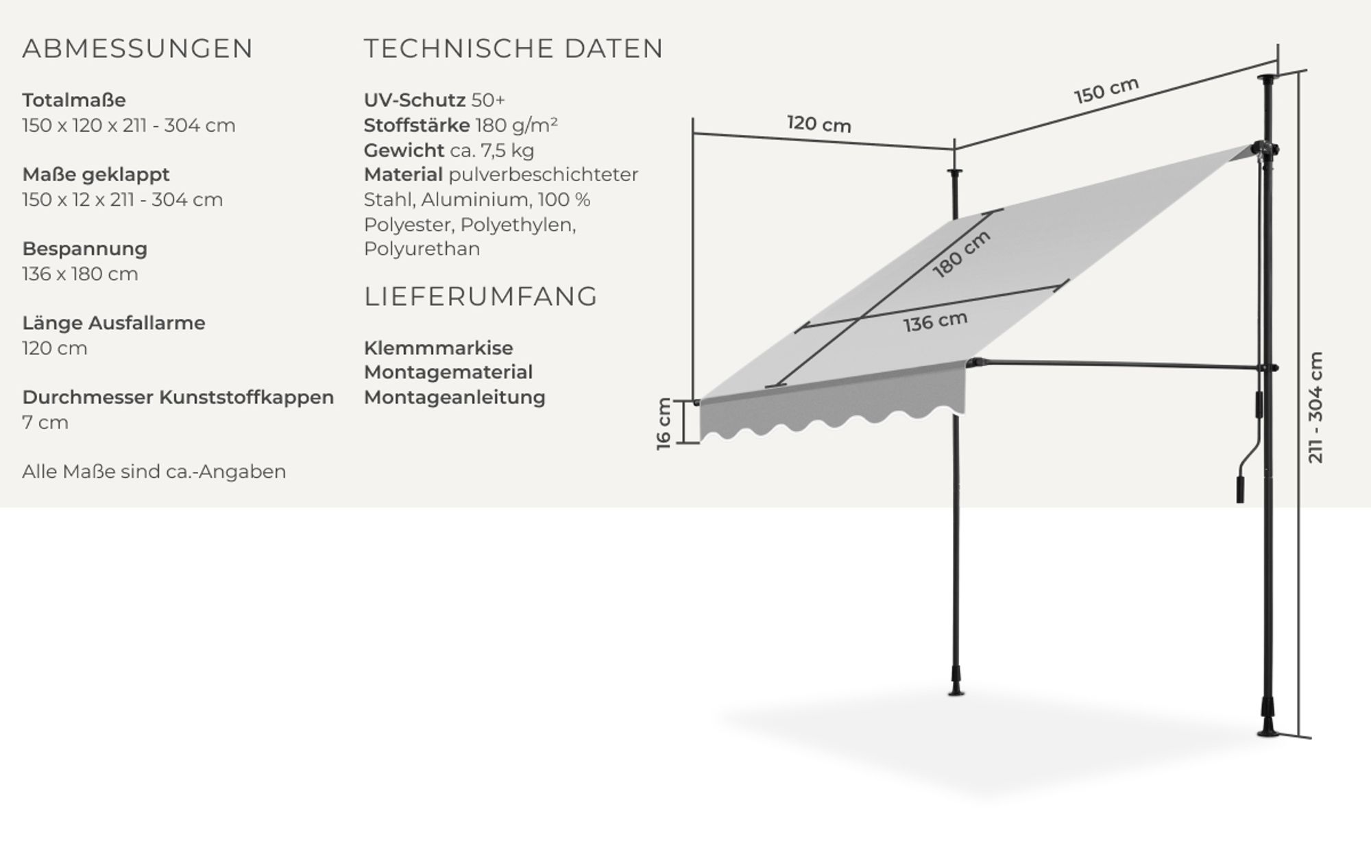 tectake® Klemmmarkise mit Handkurbel einfache Montage