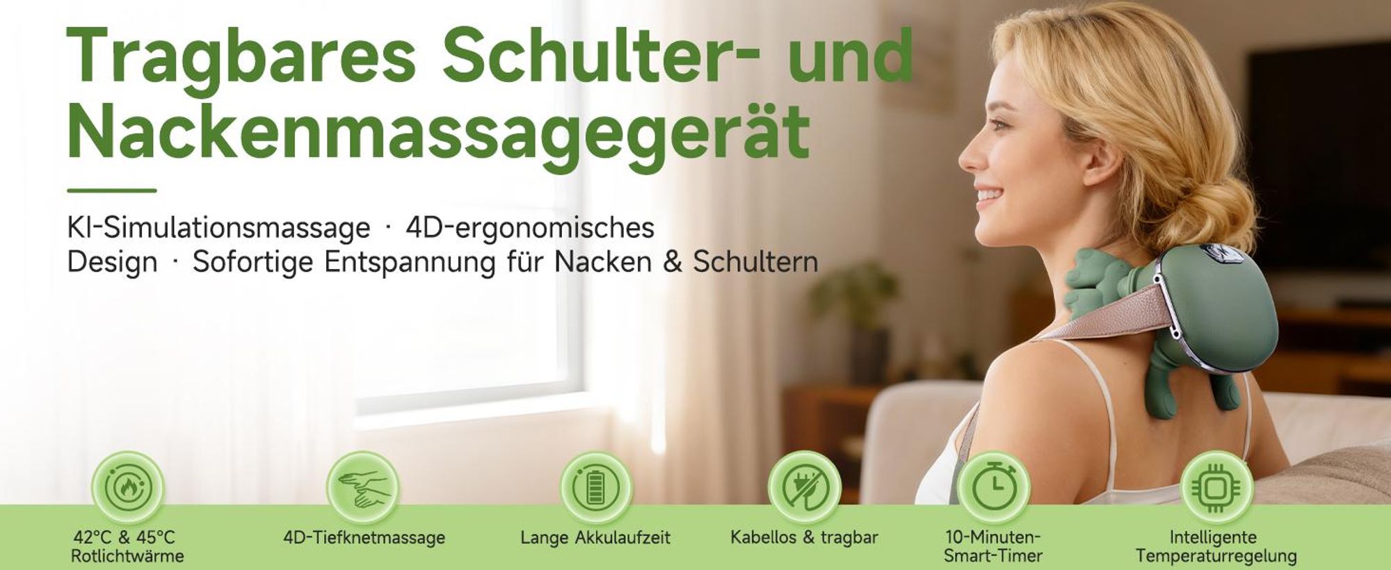 Nackenmassagegerät, Elektrisches 4D Shiatsu Massagegerät, 3 Intensitätsstufen und 2 Heizstufen, Lindert Muskelverspannungen und Ermüdung