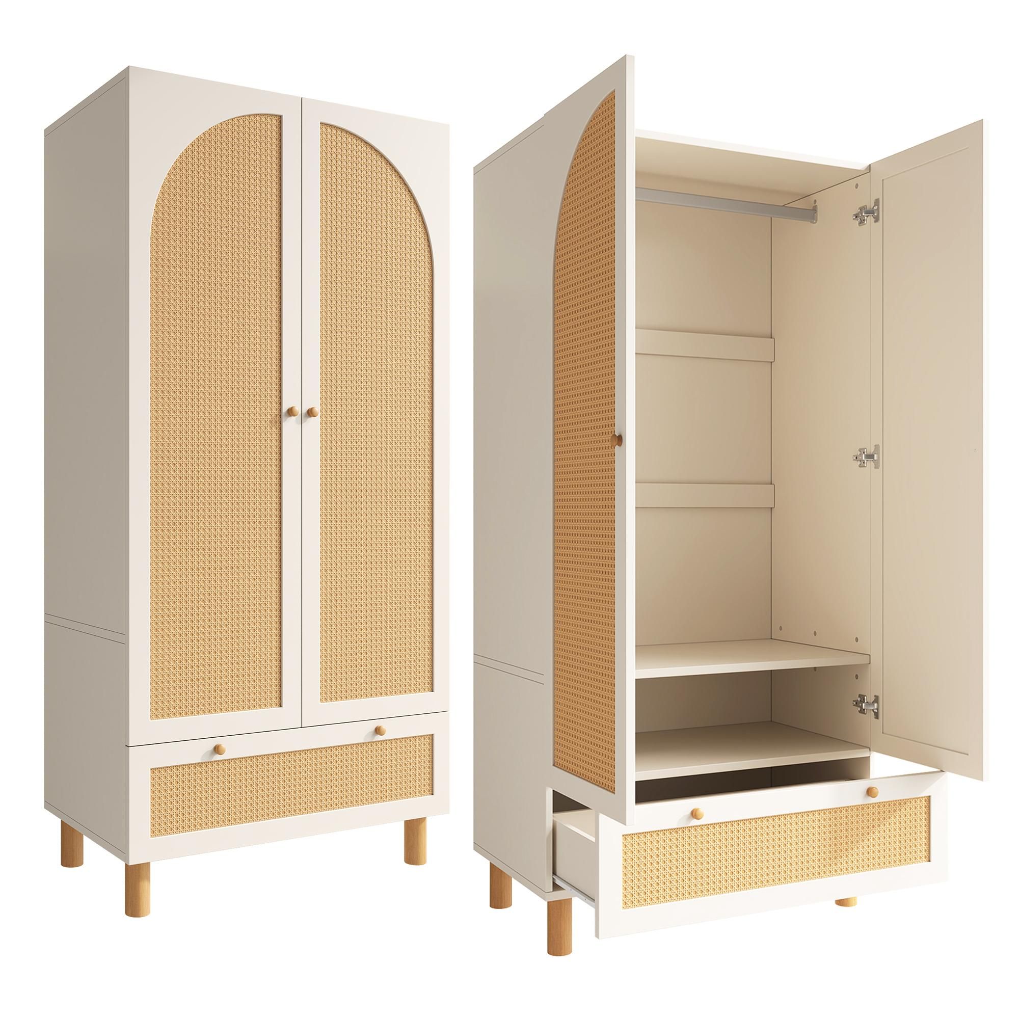 Flieks Kleiderschrank Garderobenschränke mit Kleiderstange, Garderobe mit Schublade und höhenverstellbaren Regalen, Rattan 2-türig Schrank, Weiß