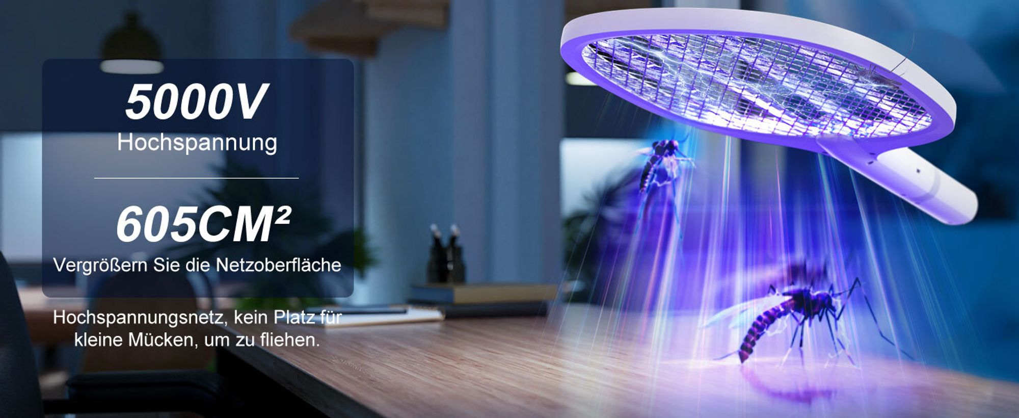Electric Elektrische Fliegenklatsche 5000V, Extra Stark Fliegenklatsche Elektrisch, 2 in 1 USB Typ-C Elektro Mückenklatsche mit Akku Aufladbar& UV