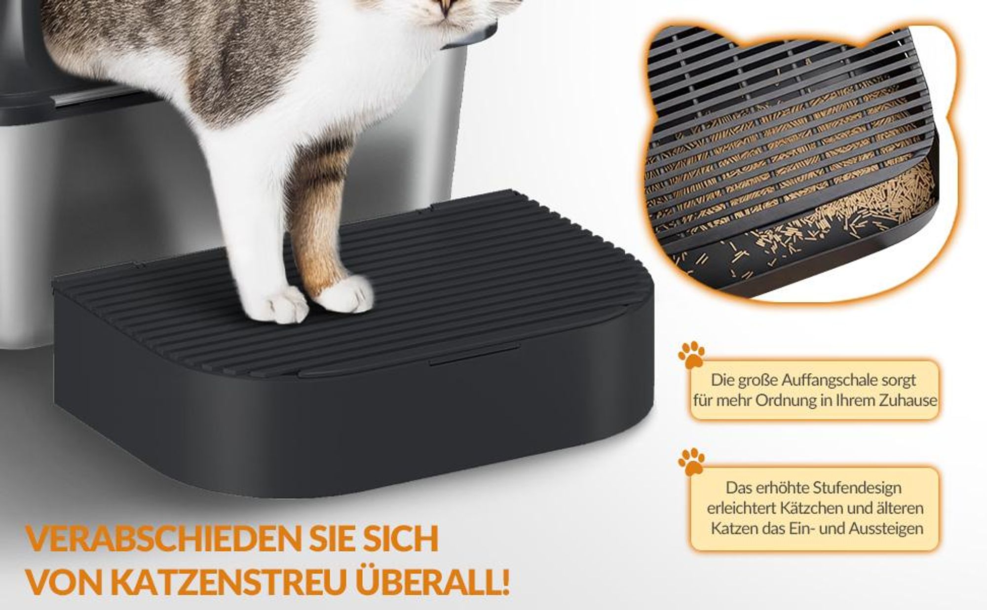 Katzenklo Edelstahl, XXL Katzentoilette, Schwarz Geschlossene Groß Katzenklo, mit Schaufel und Fußstufe, 120° Klappdeckel, Herausnehmbar