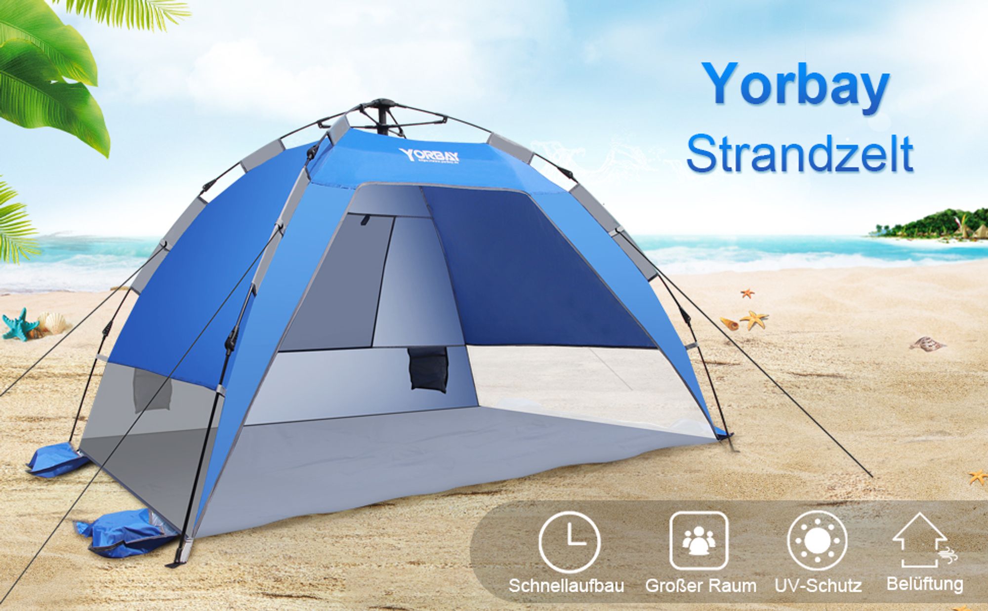 Yorbay Automatik-Strandzelt mit UV-Schutz 50+,Strandmuschel mit Heringen, Sandtasche und Tragetasche, für 2-3 Personen, schnell aufbauend für Familie, Strand, Garten, Camping, Anglen, Outdoors