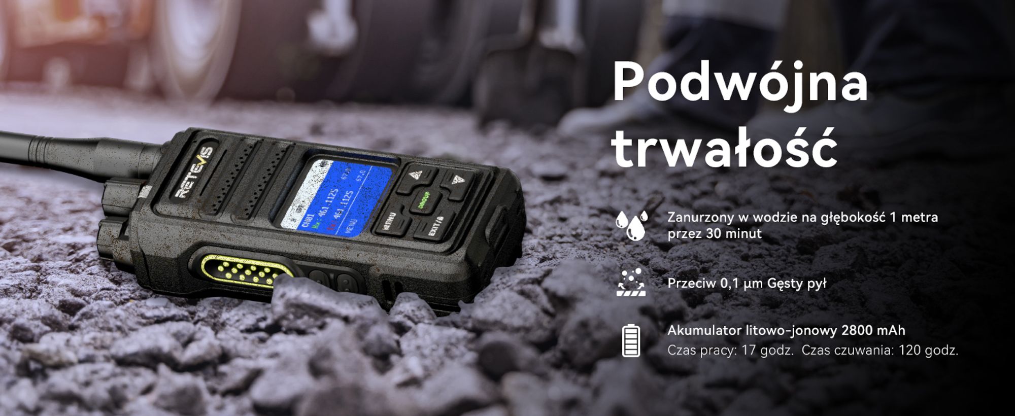 Retevis NR630S Walkie Talkie Dalekosiężne, wodoodporne radiotelefony dla dorosłych, IP67, 2800 mAh, redukcja szumów AI, LCD dla logistyki